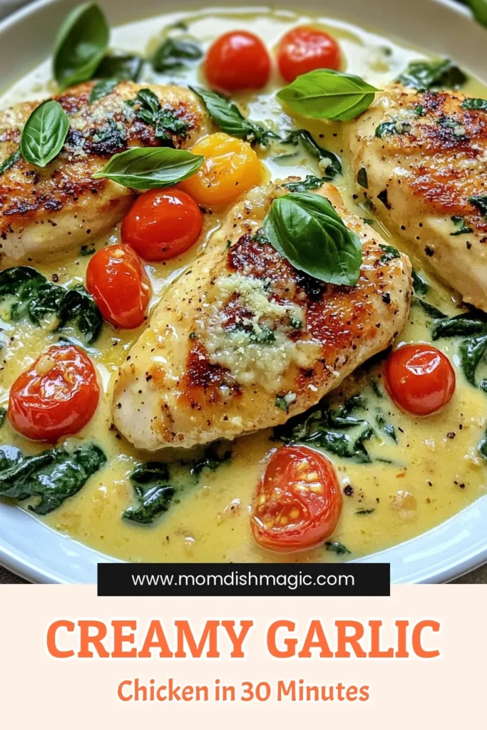 Discover the ultimate creamy Tuscan chicken recipe that's perfect for any night of the week! This delicious garlic chicken dinner features tender chicken breasts cooked in a rich, creamy sauce with fresh spinach and cherry tomatoes. Enjoy this easy chicken with spinach for a satisfying, Italian chicken skillet meal. Ready in just 30 minutes, this one-pan creamy chicken recipe is a must-try. Save this for dinner inspiration! #CreamyTuscanChicken #GarlicChickenDinner #ItalianChickenSkillet #EasyChickenRecipe