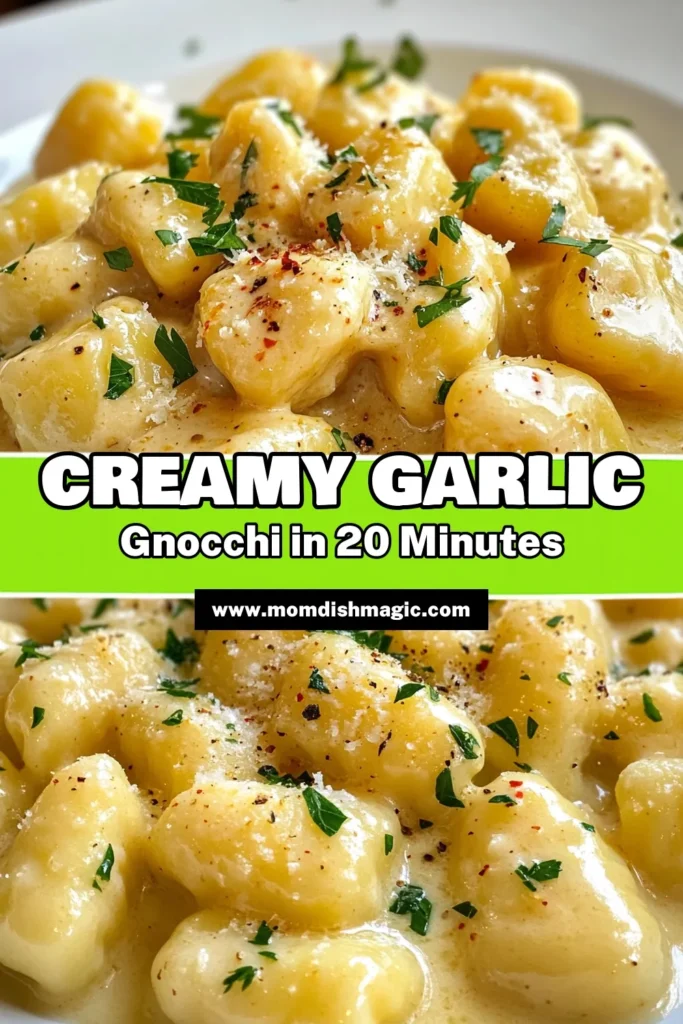Indulge in a creamy garlic parmesan gnocchi that's perfect for an easy gnocchi dinner. This potato gnocchi recipe combines tender pasta with a luscious garlic cream sauce, topped with melted Parmesan for a cheesy gnocchi dish everyone will love. Ready in just 20 minutes, it’s a must-try for pasta lovers! Click to save and enjoy this delicious garlic cream sauce pasta at home. #GnocchiRecipe #CreamyPasta #EasyDinner #ComfortFood