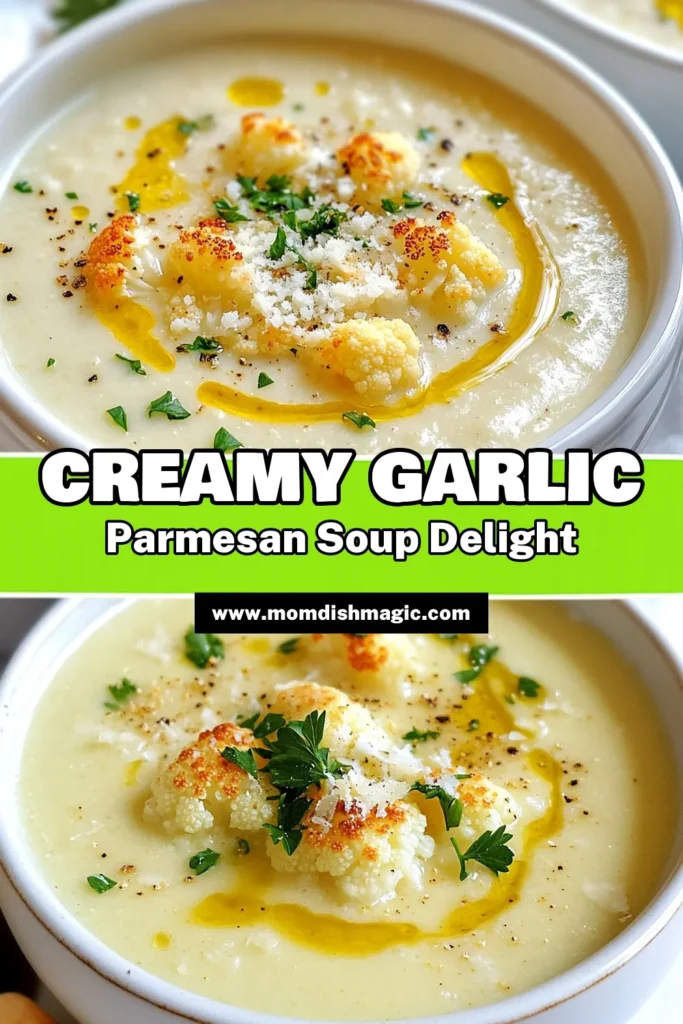 Craving a warm and comforting dish? Try this Garlic Parmesan Cauliflower Soup! This Roasted Cauliflower Soup Recipe combines the rich flavors of roasted garlic and creamy textures, making it a perfect dairy-free or vegan meal option. Enjoy a creamy cauliflower soup that’s easy to make and bursting with flavor. Perfect for any occasion! Save this delicious recipe for a cozy dinner night! #GarlicParmesanSoup #DairyFreeSoup #VeganRecipe #RoastedCauliflower