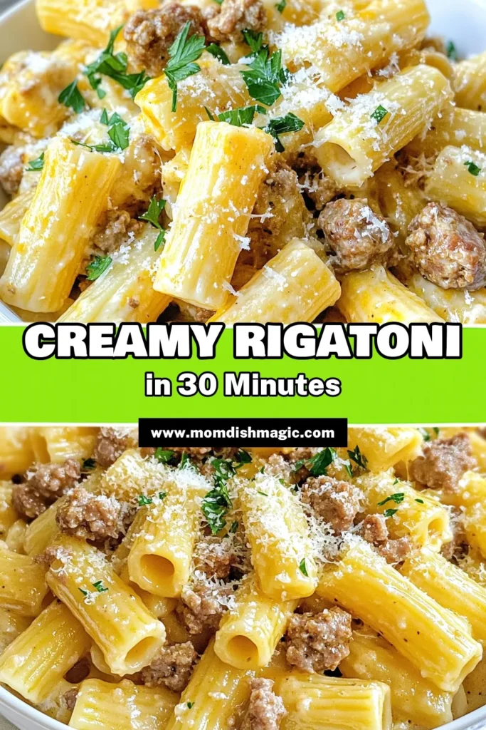Discover the ultimate Creamy Italian Sausage Rigatoni recipe! This delicious Italian sausage pasta dish pairs rigatoni pasta with a rich, creamy sauce, making it a perfect choice for easy weeknight dinner ideas. Ready in just 30 minutes, it’s packed with flavor from fresh ingredients you'll love. Don't miss out—try this creamy pasta recipe tonight and impress your family! Save this recipe now and enjoy! #CreamyItalianSausageRigatoni #EasyPastaRecipe #ItalianDinner #WeeknightMeals