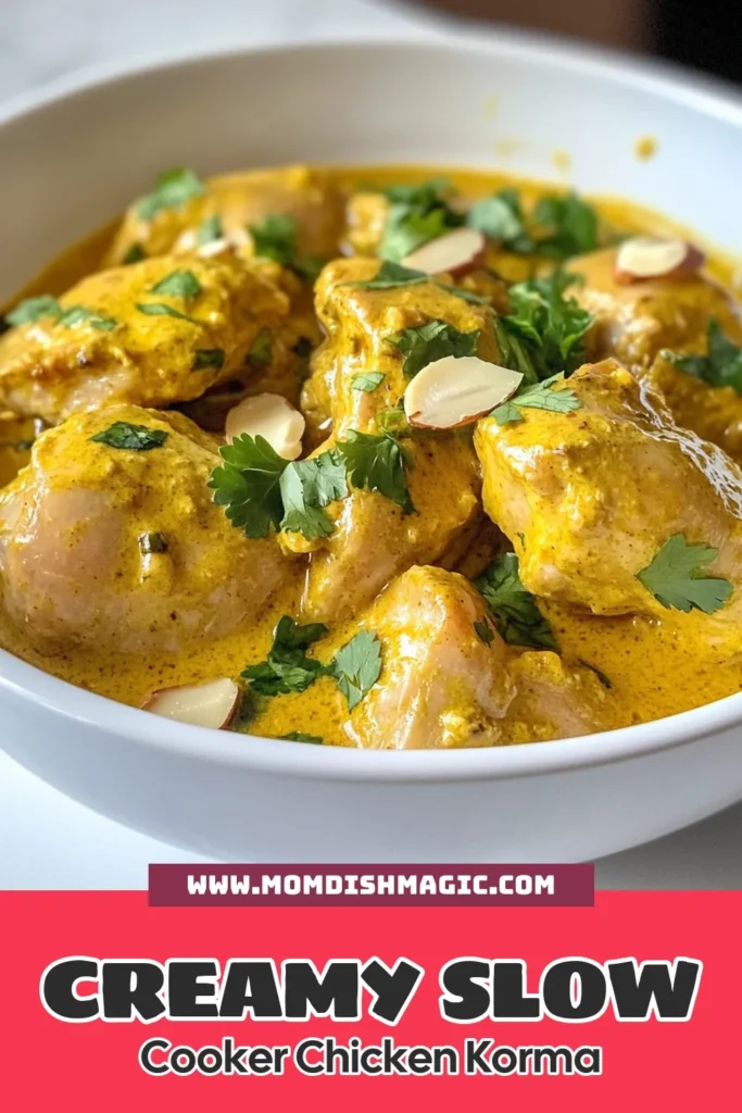 Dive into the rich flavors of this slow cooker chicken korma! This easy chicken korma recipe combines tender chicken thighs with aromatic spices, creamy coconut milk, and korma curry paste for an irresistible meal. Perfect for busy nights, this slow cooker Indian recipe requires minimal effort and delivers maximum taste. Serve it over basmati rice or with naan. Save this recipe for your next family dinner! #SlowCookerChickenKorma #EasyChickenKormaRecipe #CoconutMilkKorma #KormaCurryPasteChicken