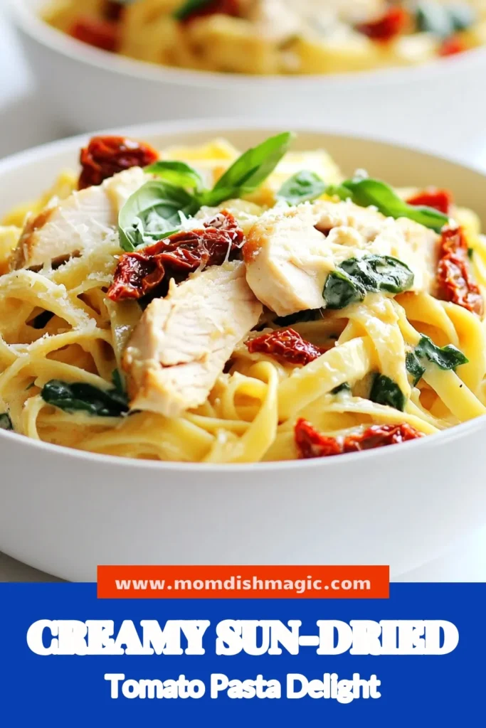 Indulge in this creamy chicken pasta dish with a twist! This easy chicken pasta dinner features sun-dried tomato pasta that'll wow your family. Our sun-dried tomato pasta recipe combines tender fettuccine with savory flavors, creamy sauce, and juicy chicken for a perfect weeknight meal. Ready in just 30 minutes, it's an effortless choice for busy evenings. Try it today and elevate your dinner game! #CreamyChickenPasta #SunDriedTomatoPasta #EasyDinner #PastaRecipes