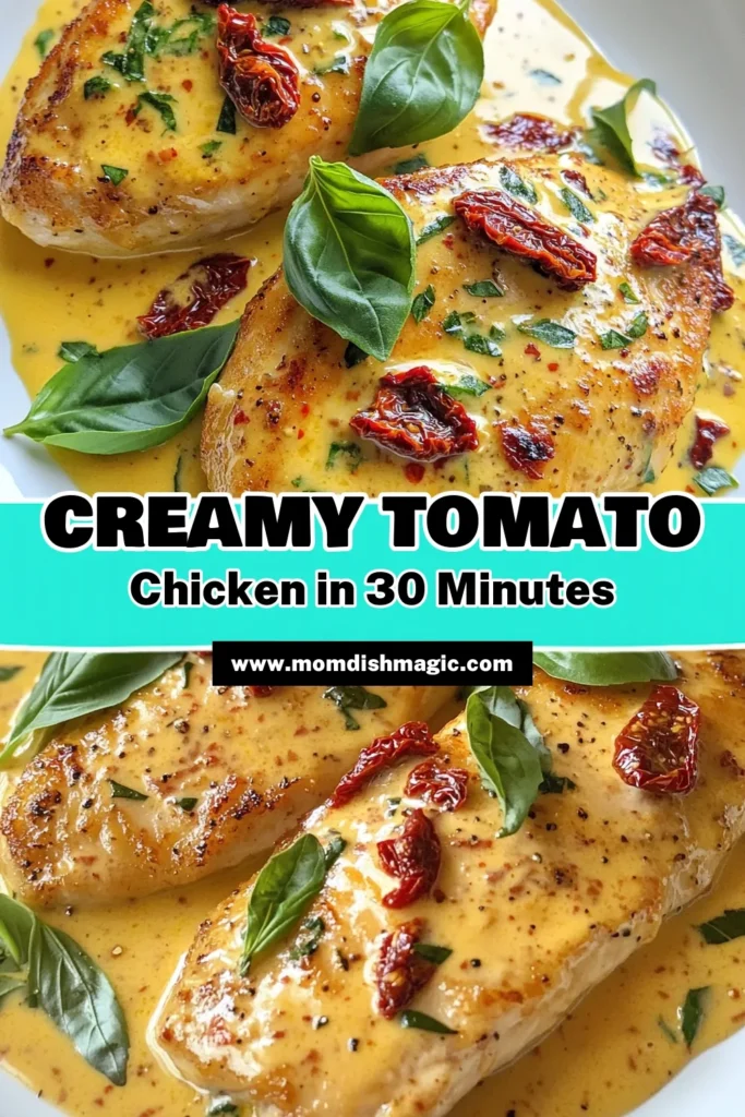 Looking for an easy chicken dinner that packs a flavor punch? Try this creamy sun-dried tomato chicken recipe! This delicious dish features tender chicken breasts coated in a rich creamy chicken sauce with sun-dried tomatoes and Parmesan cheese that everyone will love. Perfect for weeknight meals or special occasions. Save this recipe for a delightful dinner experience! #CreamySunDriedTomatoChicken #EasyChickenDinner #SunDriedTomatoRecipes #ChickenWithParmesanCheese