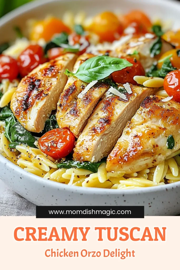 Discover this deliciously easy Tuscan chicken recipe featuring creamy Tuscan chicken orzo, a one-pan pasta dinner that’s perfect for any night of the week. Enjoy creamy orzo with chicken infused with garlic, spinach, and sun-kissed cherry tomatoes. This Italian chicken orzo recipe is quick to make in just 30 minutes! Try it today and impress your family at dinner. Save and share! #TuscanChicken #OnePanDinner #PastaRecipe #ComfortFood