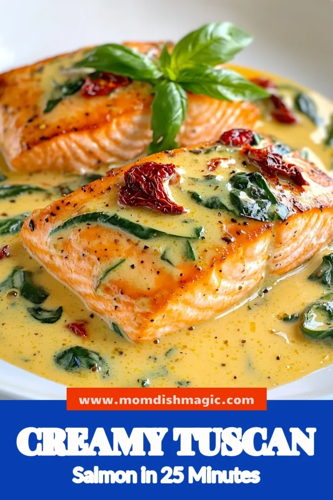 Indulge in this Creamy Tuscan Salmon bursting with flavor! Our Sun-Dried Tomato Salmon Recipe features tender salmon fillets smothered in a rich Parmesan cream sauce, combined with vibrant spinach for a delightful Easy Salmon Dinner Recipe. Perfect for weeknight meals or special occasions, this Spinach and Salmon Dish will impress your family and friends. Try it tonight and savor the taste! Save this recipe for later! #CreamyTuscanSalmon #EasyDinner #SalmonRecipes #ParmesanCreamSauce