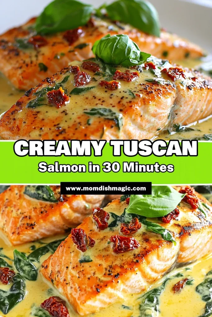 Indulge in this easy and delicious Creamy Tuscan salmon recipe featuring sun-dried tomato salmon in a rich Parmesan cream sauce. This spinach and tomato salmon dish is perfect for a quick weeknight dinner, ready in just 30 minutes! Enjoy the vibrant flavors and creamy texture that will impress your family and friends. Click to save this recipe for your next easy salmon dinner! #TuscanSalmon #EasyDinner #SalmonRecipes #HealthyEating