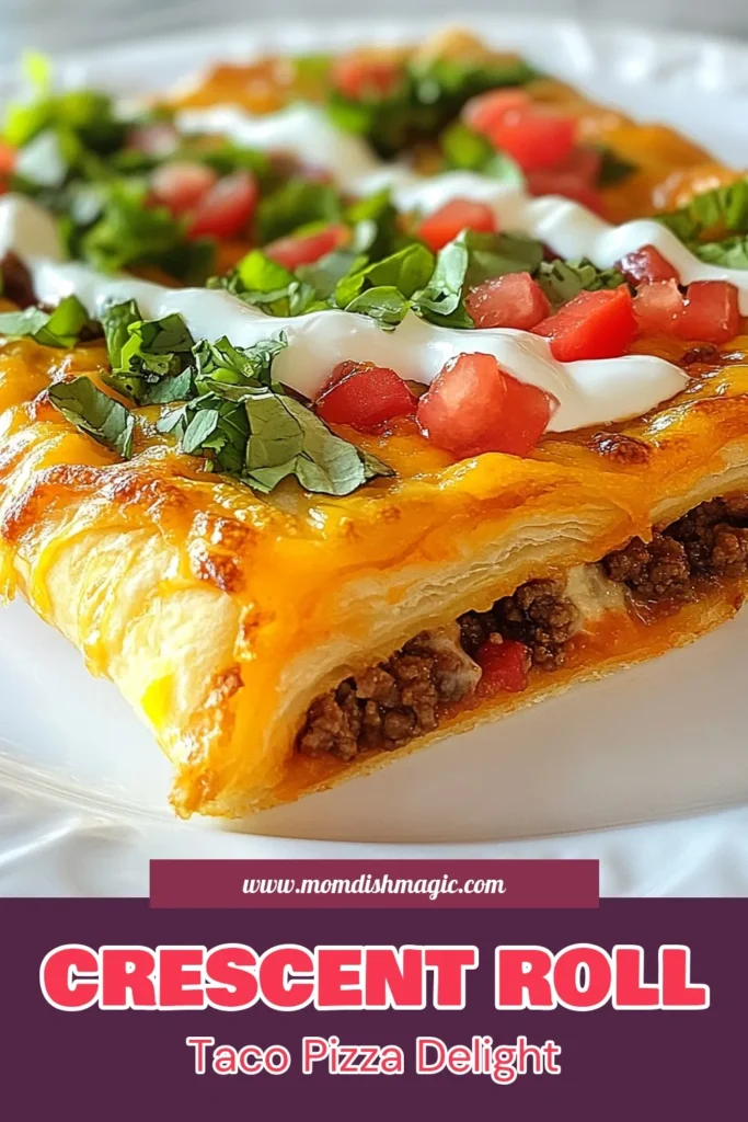 Discover how to make a delicious Crescent Roll Taco Pizza with this easy taco pizza recipe that's perfect for busy weeknights. Featuring a crispy crescent roll crust, seasoned ground beef, and topped with fresh veggies and melted cheese, this quick weeknight dinner will delight your family. Try these crescent roll pizza ideas for a fun twist on classic pizza night. Save this recipe for later! #CrescentRollPizza #TacoPizza #EasyDinner #WeeknightMeals