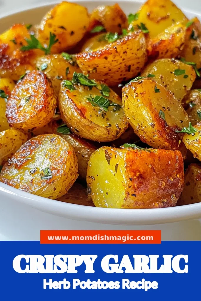 Discover the perfect side dish with this Garlic Herb Roasted Potatoes recipe! These Oven Roasted Baby Potatoes are tossed in garlic, olive oil, and fragrant herbs for a crispy delight. Enjoy these Crispy Garlic Potatoes as your go-to Easy Garlic Potato Side Dish for any meal. With just a few simple steps, you'll serve up Roasted Potatoes with Herbs that everyone will love. Save and try this delicious recipe today! #RoastedPotatoes #GarlicPotatoes #SideDish #EasyRecipes