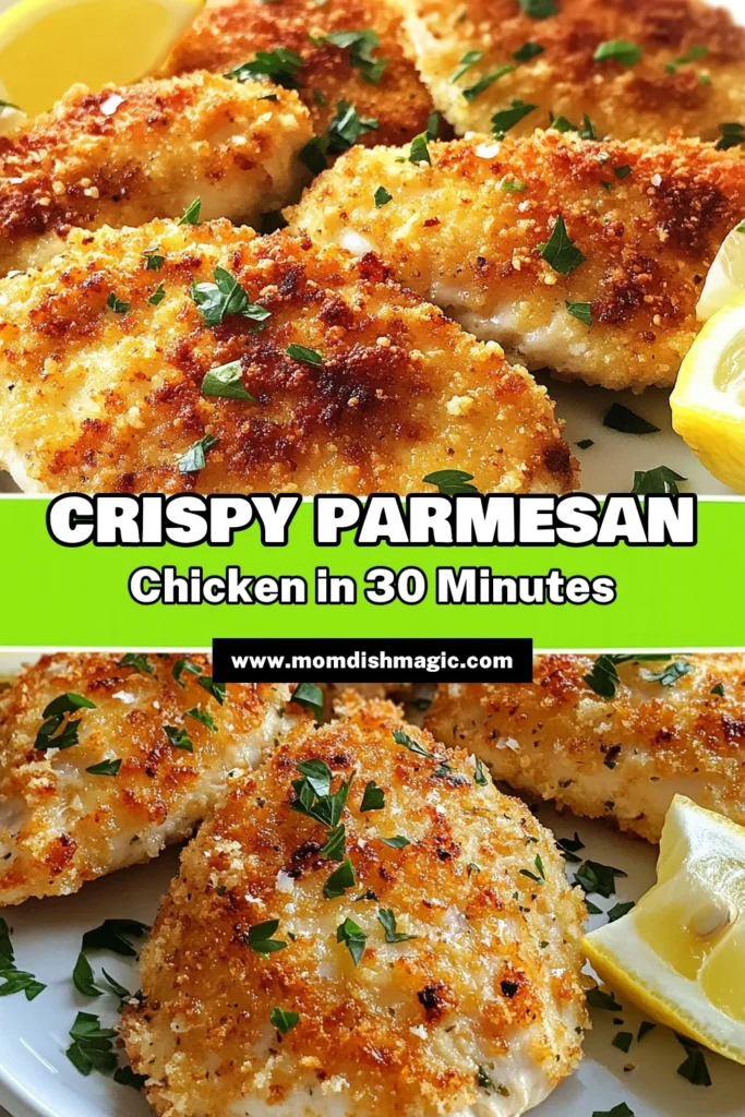 Looking for the perfect easy chicken dinner recipe? Try this delicious Parmesan crusted chicken recipe that features crispy, baked chicken breasts with parmesan and panko for a crunchy finish. This crispy parmesan chicken is quick to prepare and sure to impress. Ideal for weeknights or special occasions. Save this panko crusted chicken recipe for your next meal! #ChickenDinner #ParmesanChicken #EasyRecipes #CrispyChicken