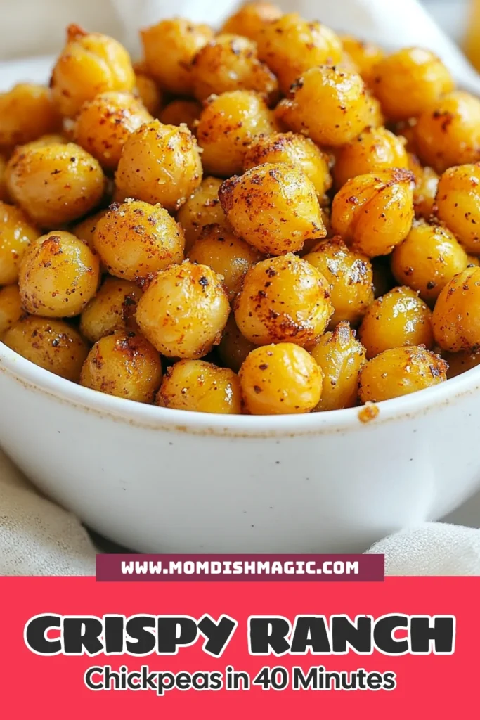 Discover a deliciously easy oven roasted chickpeas recipe with these crispy ranch roasted chickpeas. Perfect as healthy chickpea snacks or crunchy vegan appetizers, this recipe makes snacking guilt-free and flavorful. Just toss chickpeas in ranch seasoning and bake for a delightful crunch. Ready in 40 minutes, it’s a must-try! Save this recipe for your next snack craving! #ChickpeaSnacks #VeganAppetizers #HealthyEating #RanchSeasoning