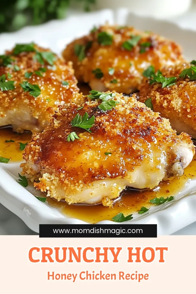 Discover the perfect weeknight meal with this baked hot honey chicken recipe! This crunchy chicken thighs recipe features juicy chicken coated in panko breadcrumbs for ultimate crispiness. Drizzled with a delicious honey glaze, it’s a mouthwatering choice for an easy baked chicken dinner. Try this spicy honey chicken recipe tonight and savor the flavor! Click to save and enjoy! #BakedHotHoneyChicken #CrispyChicken #EasyDinner #ChickenThighsRecipe
