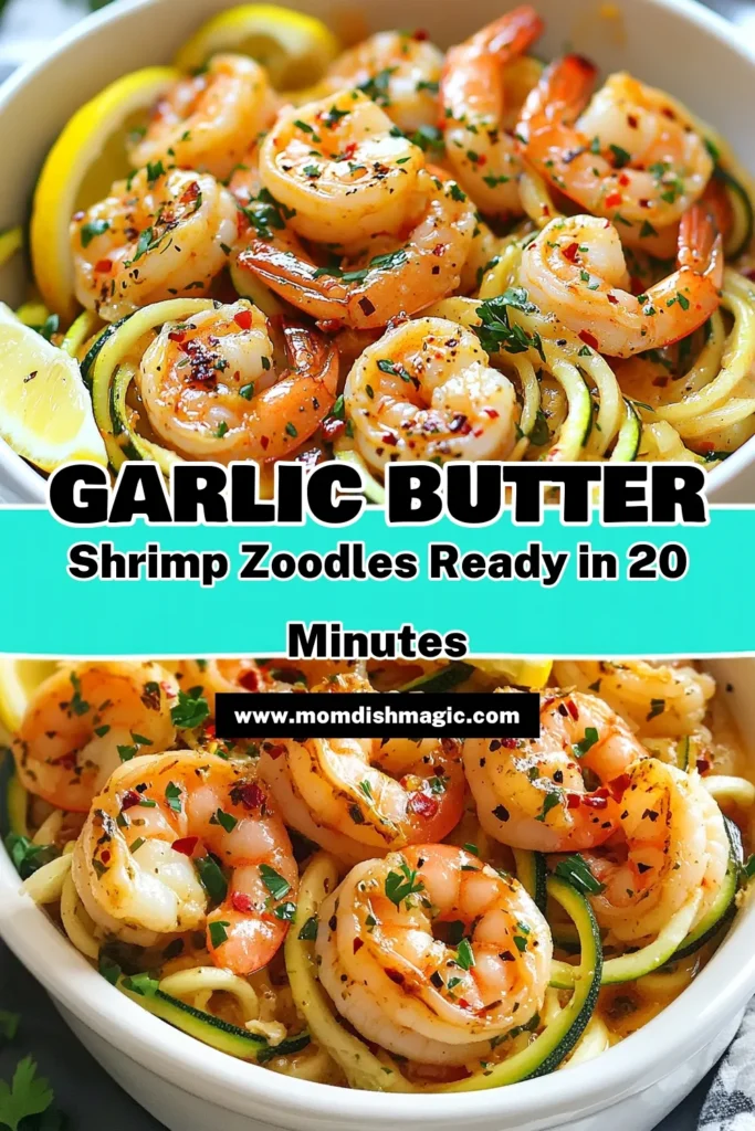 Indulge in a delicious low-carb garlic shrimp dish with this Garlic Butter Shrimp Scampi Zoodles recipe! This healthy shrimp dinner features spiralized zucchini noodles, perfectly sautéed shrimp, and a rich garlic butter sauce that’s sure to impress. Enjoy a flavorful, nutritious meal that takes just 20 minutes to prepare. Save this zoodles shrimp scampi recipe for your next dinner and delight your taste buds! #HealthyRecipes #GarlicButterShrimp #Zoodles #LowCarbDish