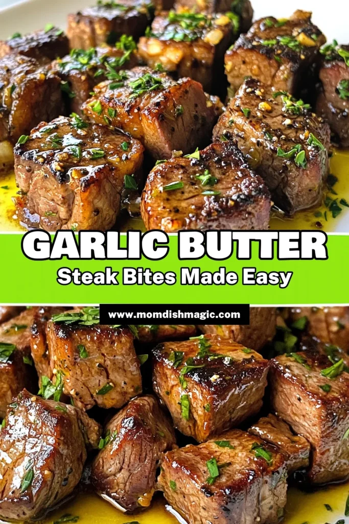 Indulge in these delicious garlic herb butter steak bites, the perfect easy steak bites recipe! Made with tender sirloin steak cubes seared in a skillet and coated in rich butter garlic sauce, this butter garlic steak recipe is quick and satisfying. Perfect for parties or a weeknight treat! Try these skillet steak bites tonight and enjoy a burst of flavor in every bite. Save this recipe for a mouthwatering experience! #GarlicHerbButterSteakBites #EasySteakBitesRecipe #SkilletSteakBites #SirloinSteakBitesWithGarlic