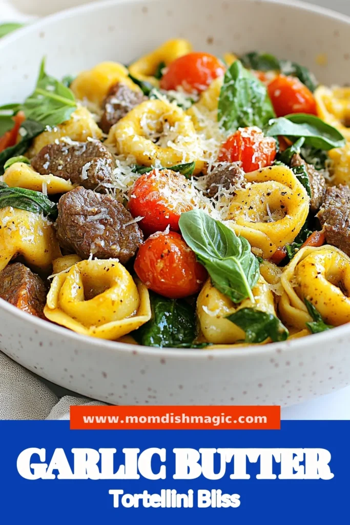Indulge in this delicious Garlic Butter Beef Tortellini dish that's a perfect easy tortellini recipe for busy nights! Creamy garlic tortellini comes together quickly, featuring tender beef tortellini with spinach, sautéed garlic, and fresh cherry tomatoes. Enjoy this quick pasta dish packed with flavor. Ready in just 20 minutes! Save this Garlic Butter Beef Tortellini recipe for dinner tonight! #Tortellini #PastaRecipes #QuickMeals #EasyDinner