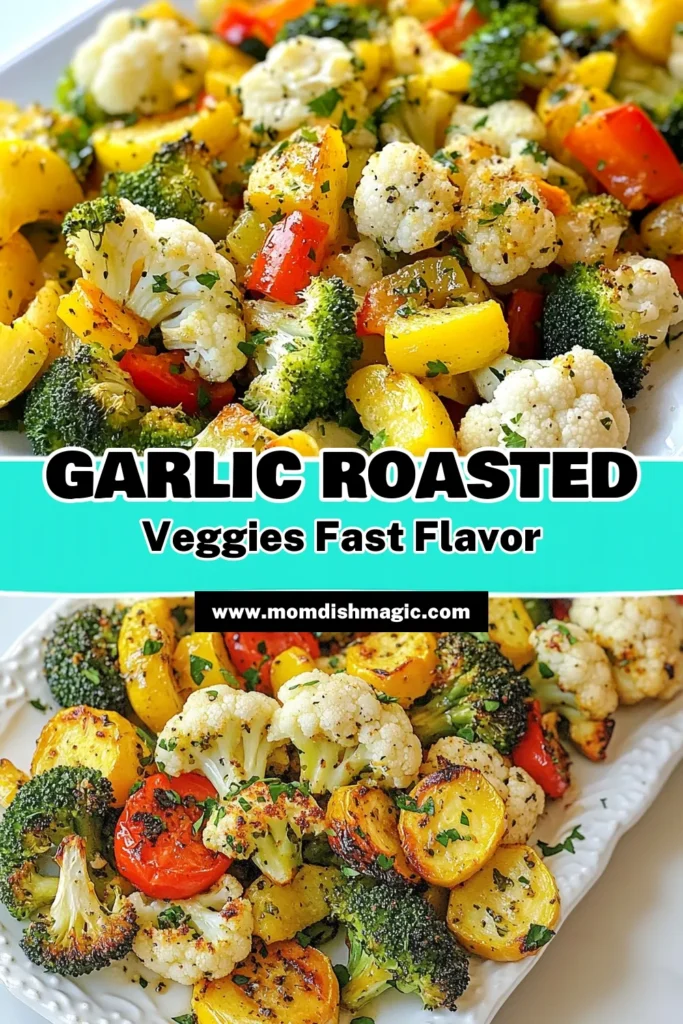 Discover the ultimate easy roasted vegetable recipe with these garlic roasted vegetables! This healthy veggie medley features broccoli, cauliflower, and bell peppers, all roasted to perfection. Perfect as a garlic vegetable side dish, these oven roasted veggies make meals deliciously nutritious and vibrant. Try this simple recipe for your next dinner and elevate your veggie game! Save this recipe now! #GarlicRoastedVegetables #HealthyVeggieMedley #EasyRoastedVegetableRecipe #OvenRoastedVeggies