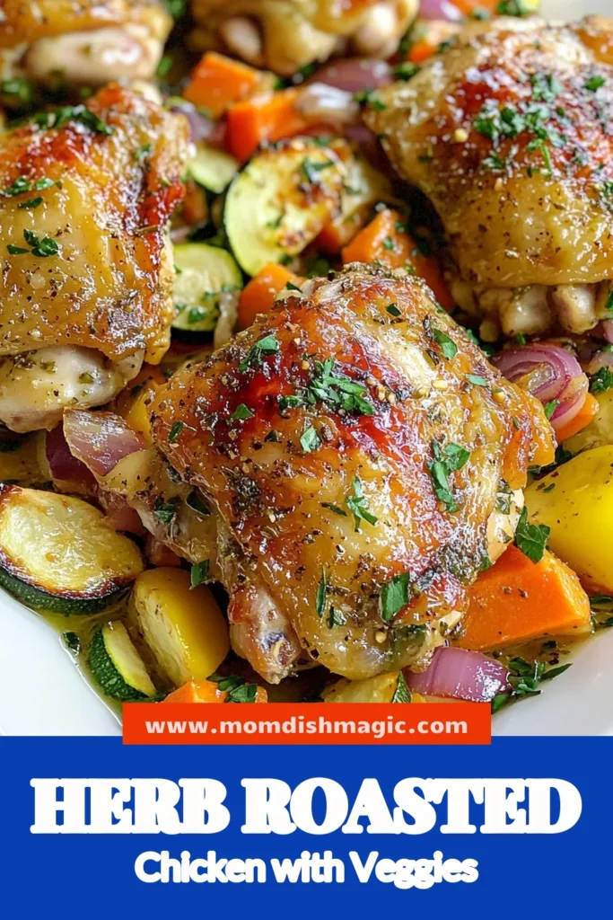 Savor the deliciousness of herb roasted chicken with this easy chicken dinner featuring juicy roasted chicken thighs and a colorful vegetable side dish. This lemon herb chicken recipe bursts with flavor from fresh herbs and roasted veggies, making it a perfect weeknight meal. Follow our simple steps for a delightful dinner everyone will love. Save this herb roasted chicken recipe for your next family night! #RoastedChicken #EasyDinner #HealthyRecipes #WeeknightMeals