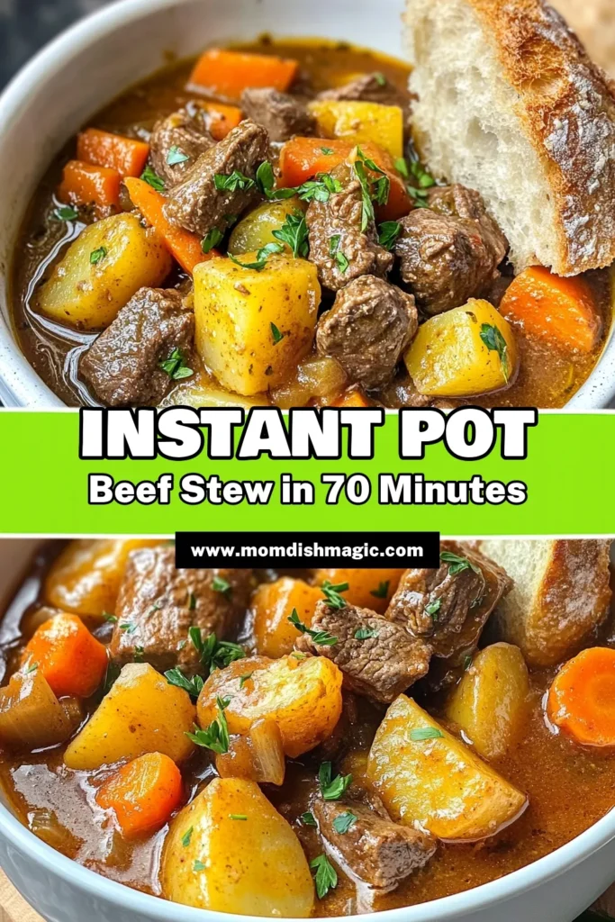 Warm up with this delicious Instant Pot beef stew that's perfect for chilly days! This hearty beef stew recipe is not only comforting but also easy to whip up in your pressure cooker. With tender beef, flavorful veggies, and aromatic herbs, you'll love how simple it is to create this easy beef stew. Ready in just over an hour, it's a must-try for the whole family. Pin this comforting beef stew today! #InstantPotBeefStew #HeartyBeefStew #EasyBeefStew #PressureCookerBeefStew