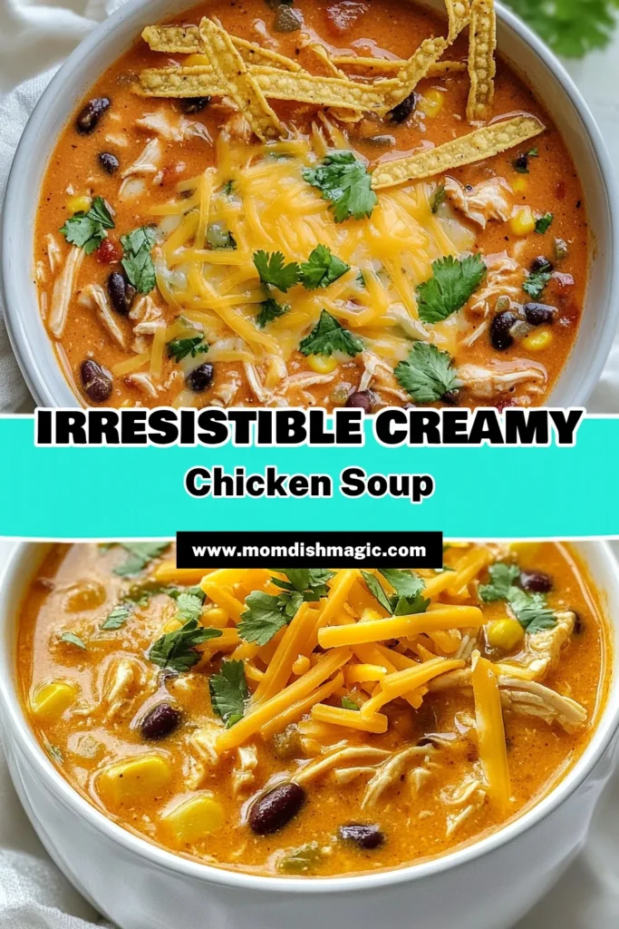 Discover the ultimate comfort food with this creamy chicken enchilada soup recipe! This easy chicken soup with enchilada flavors combines tender shredded chicken, black beans, and corn in a rich and cheesy broth. Perfect for a cozy dinner, this spicy chicken soup is sure to please everyone. Give it a try and warm your soul! Save this cheesy chicken soup recipe for your next meal! #CreamyChickenEnchiladaSoup #ChickenEnchiladaSoupRecipe #SpicyChickenSoup #EasyChickenSoup