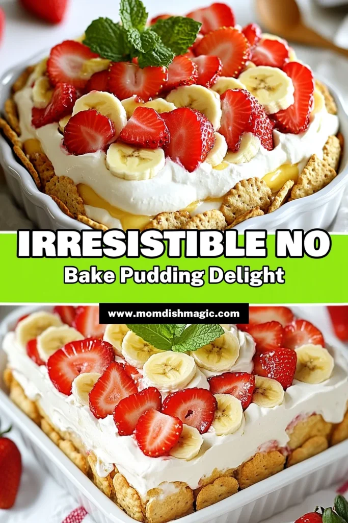 Indulge in this delightful no-bake strawberry banana pudding, the perfect summer dessert idea! This easy fruit dessert recipe layers fresh strawberries and bananas with creamy vanilla pudding, creating a refreshing treat for any occasion. Ideal for those warm days, this layered pudding dessert is not only delicious but also quick to make. Get ready to impress your family and friends! Try it today! #NoBakeDesserts #SummerTreats #FruitDesserts #PuddingDessert