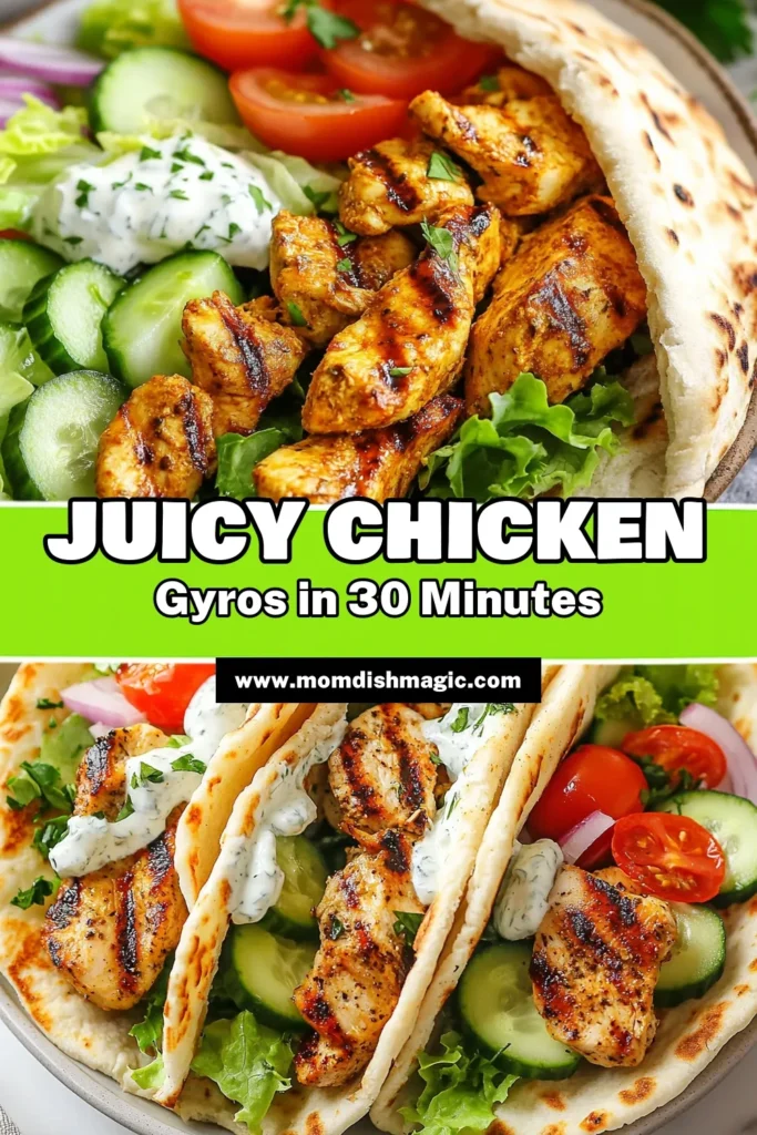 Savor the flavors of Greece with these Protein-Packed Chicken Gyros! This Healthy Greek Chicken Recipe features tender grilled chicken, marinated in Greek yogurt and spices, all wrapped in delicious Whole Wheat Pita Gyros. Perfect for a hearty lunch or dinner, this High-Protein Gyros Recipe is easy to make and packed with nutrients. Try it today and enjoy a healthier twist on a classic! Save this recipe for later! #ProteinChickenGyros #HealthyEating #GrilledChickenGyros #KyrosRecipe