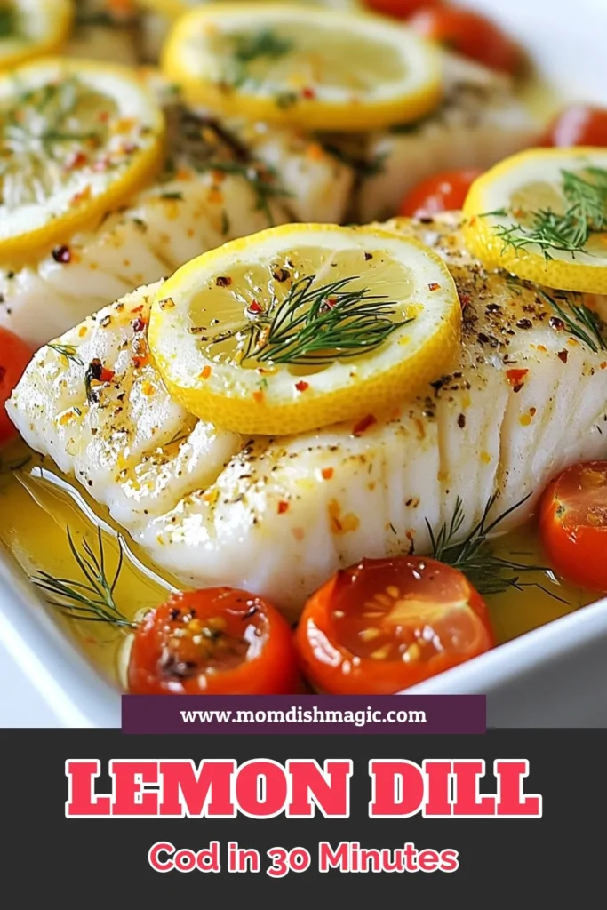 Discover the perfect baked cod recipe with this Lemon Dill Baked Cod that’s both healthy and delicious. This easy cod recipe features zesty lemon and fresh dill, making it a delightful Mediterranean cod dish everyone will love. Ready in just 30 minutes, it's ideal for a quick yet impressive fish dinner. Dive into this flavorful dish tonight! Save this recipe for your next meal idea. #BakedCodRecipe #HealthyDinner #EasyCodRecipes #MediterraneanDish