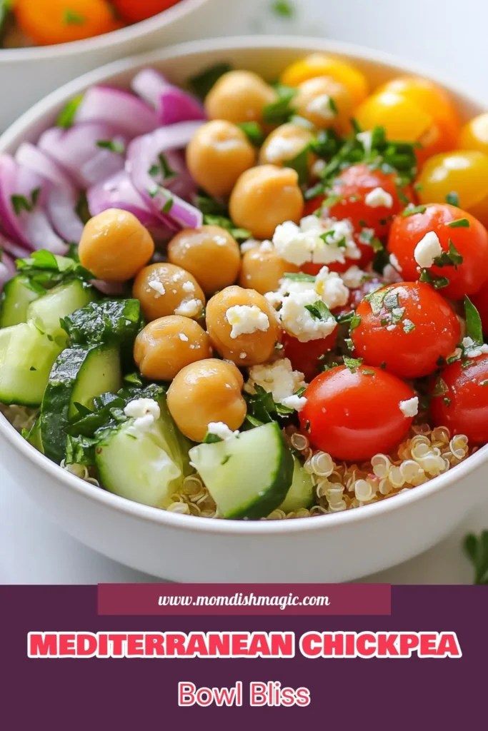 Discover the joy of cooking with these Mediterranean Chickpea Power Bowls! This healthy quinoa salad is not just easy to make but is packed with flavor, making it a perfect vegetarian power bowl recipe. Featuring a delicious chickpea salad with feta, this dish is ideal for meal prep or a quick weeknight dinner. Try this easy Mediterranean recipe today and elevate your meal game! Save for later! #MediterraneanChickpeaBowls #HealthyRecipes #QuinoaSalad #VegetarianBowls