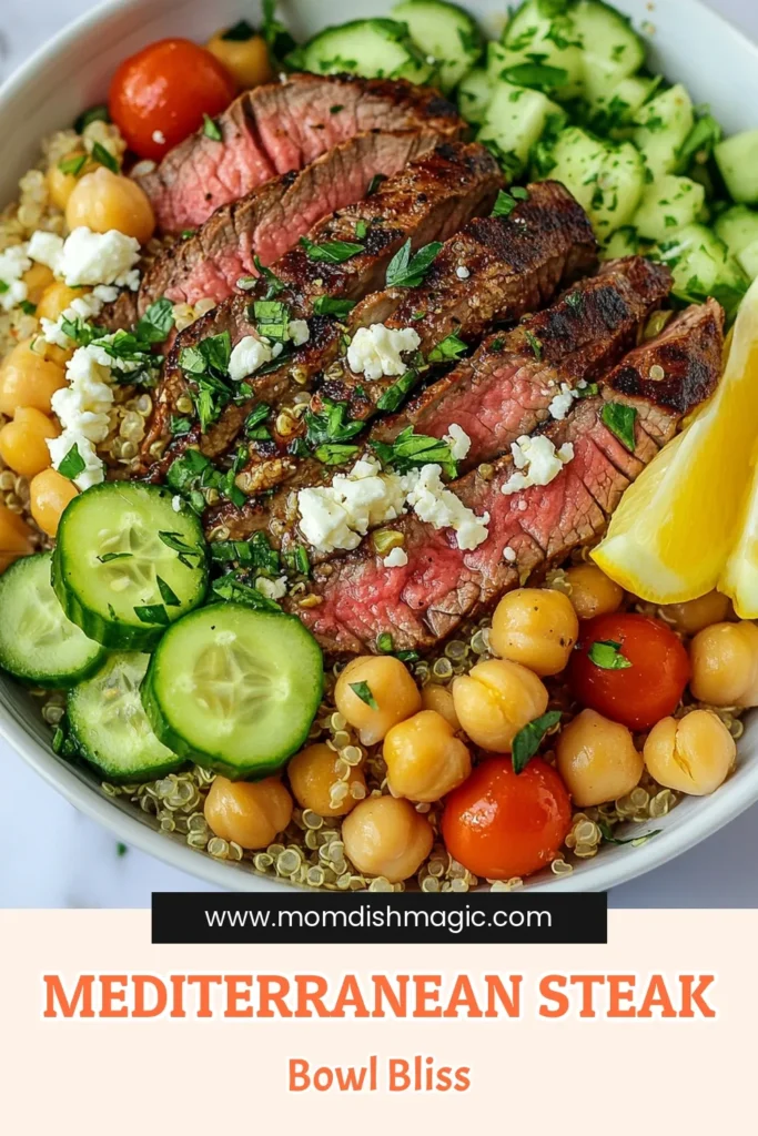 Discover the deliciousness of Mediterranean steak bowls! This easy flank steak recipe is perfect for meal prep and features a flavorful quinoa salad bowl packed with fresh veggies. Enjoy healthy Mediterranean recipes that combine grilled steak with vegetables, creating a nutritious dish your family will love. Try this Mediterranean steak bowl today and elevate your dining experience! Save this recipe for future inspiration. #MediterraneanRecipes #HealthyEating #SteakBowls #QuinoaSalad