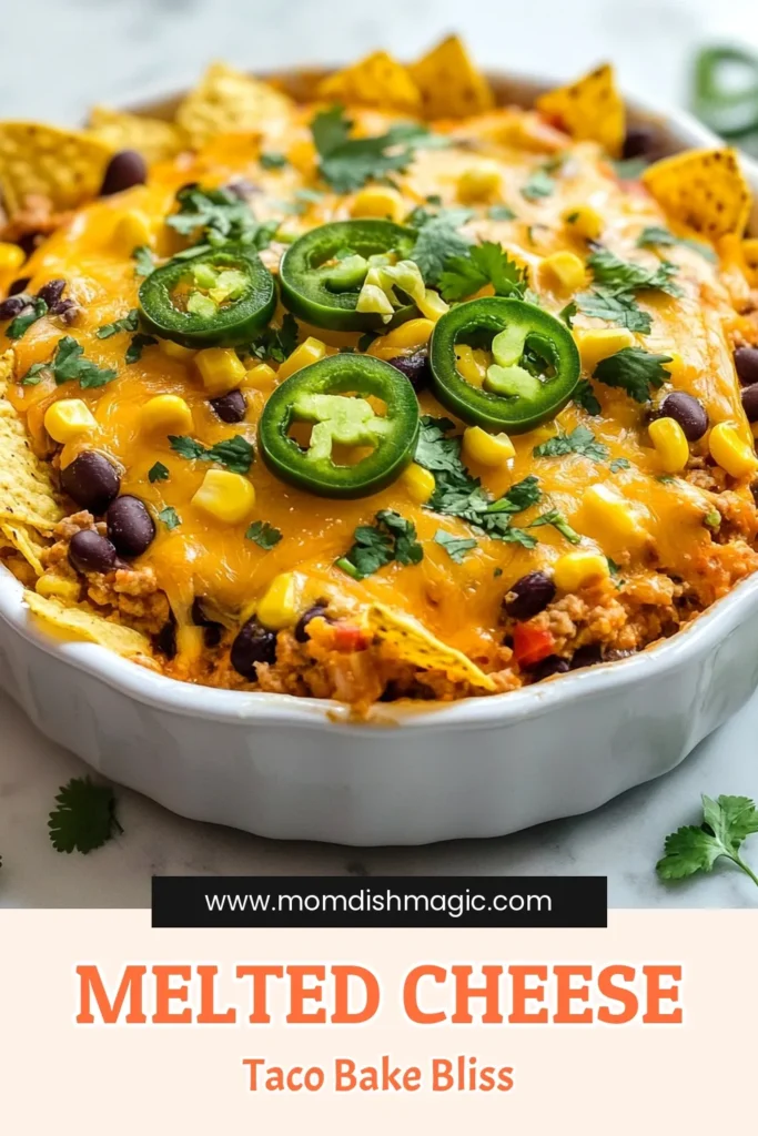 Looking for a quick and flavorful dish? Try this Easy Taco Bake! Packed with ground turkey and a cheesy blend of flavors, this Cheesy Taco Bake recipe is a crowd-pleaser. Layered with crispy tortilla chips and topped with shredded cheese, it’s the ultimate easy cheesy taco casserole. Perfect for any night of the week, you won’t want to miss this taco bake with tortilla chips! Save this recipe for your next dinner! #TacoBake #EasyRecipes #CheesyTacoBake #CasseroleRecipes