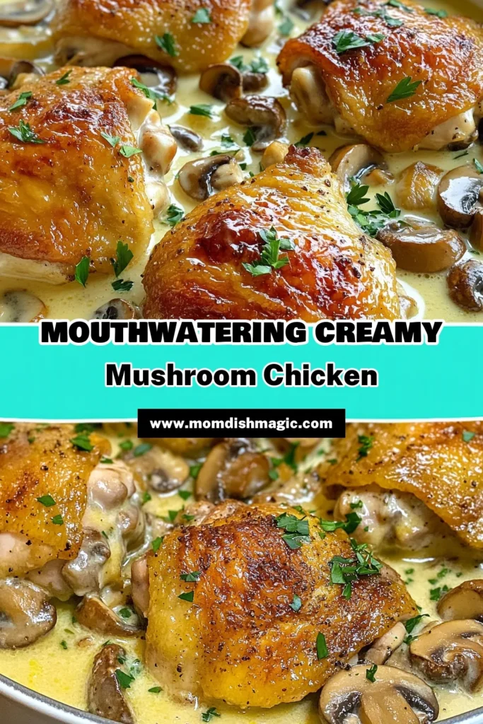 Indulge in a delightful meal with our creamy mushroom chicken thighs recipe. These oven-baked chicken thighs are smothered in a rich creamy sauce, combining tender chicken and savory mushrooms for an easy chicken dinner recipe that's perfect any night of the week. Ready in just 55 minutes, this mushroom chicken recipe is sure to impress. Don't miss out—save this recipe for your next dinner! #ChickenDinner #MushroomRecipe #EasyDinner #ComfortFood