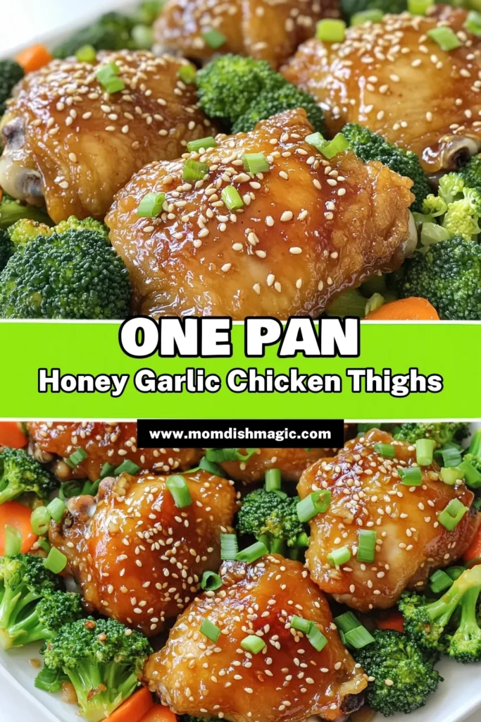 Discover the deliciousness of Honey Garlic Chicken Thighs One Pan! This easy recipe brings together juicy chicken thighs, fresh broccoli, and baby carrots all cooked in a mouthwatering honey garlic sauce. Perfect for a weeknight dinner, you'll love how simple it is to prepare and clean up. Click through to explore this flavorful recipe and make mealtime a hit! #HoneyGarlicChicken #OnePanMeals #ChickenRecipes #EasyDinnerIdeas