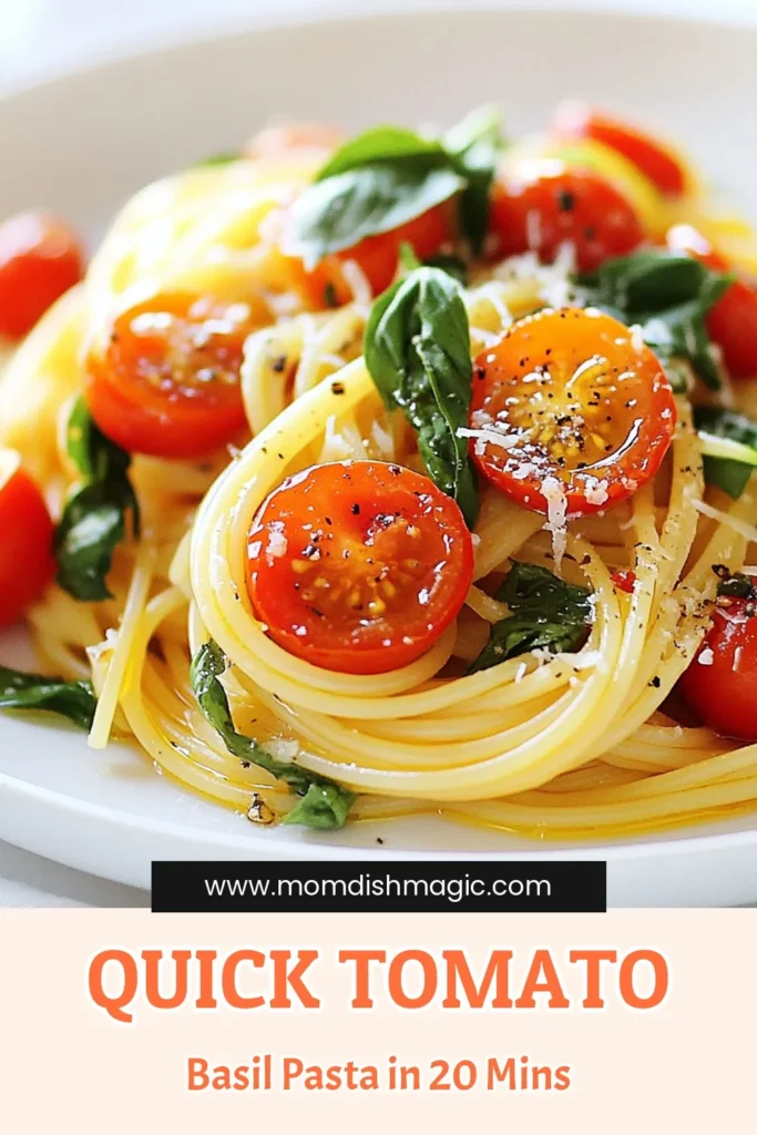 Discover the joy of cooking with this Quick Tomato Basil Pasta, an ideal easy spaghetti recipe that can be made in just 20 minutes! This cherry tomato pasta dish is bursting with fresh flavors from cherry tomatoes and basil, making it a perfect weeknight meal. Enjoy this fresh basil pasta recipe and impress your family with minimal effort. Save this recipe now for a delicious pasta dinner tonight! #PastaRecipe #QuickMeals #EasyCooking #HealthyEating