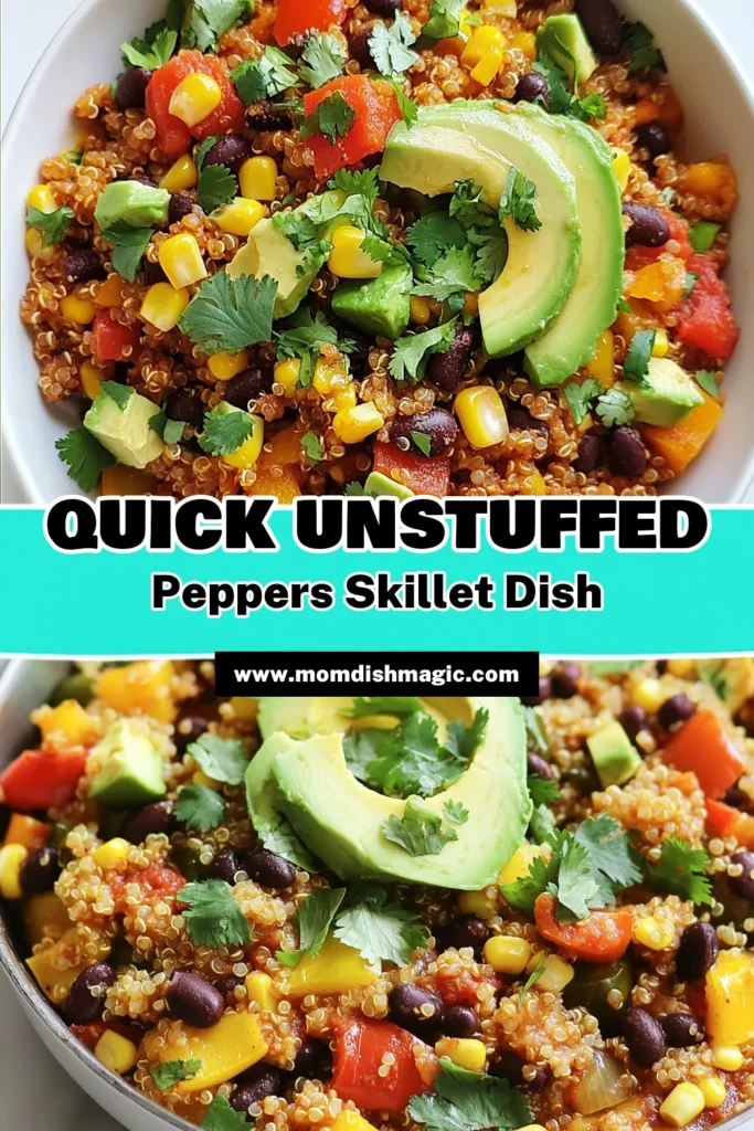 Discover the ultimate unstuffed peppers recipe with this delicious Unstuffed Peppers Skillet! Packed with quinoa, black beans, bell peppers, and fresh veggies, this easy bell pepper recipe is perfect for busy weeknights. Enjoy a hearty vegetarian skillet meal that’s both healthy and satisfying. Ready in just 35 minutes, it’s a great addition to your healthy dinner ideas. Save this recipe for a quick and tasty dinner! #UnstuffedPeppers #QuinoaSkilletRecipes #VegetarianMeals #HealthyDinnerIdeas