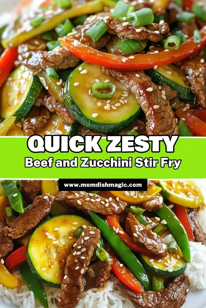 Try this delicious Zucchini Beef Stir Fry for a healthy meal that's quick and easy to make! This easy beef stir fry recipe features tender beef and vibrant vegetables in a flavorful Asian sauce. Perfect for busy weeknights, it’s one of the best quick dinner recipes you’ll find. Don’t miss out on this healthy stir fry with vegetables that your family will love. Save this recipe and bring the taste of Asia to your dinner table! #ZucchiniBeefStirFry #HealthyRecipes #QuickDinner #AsianCuisine