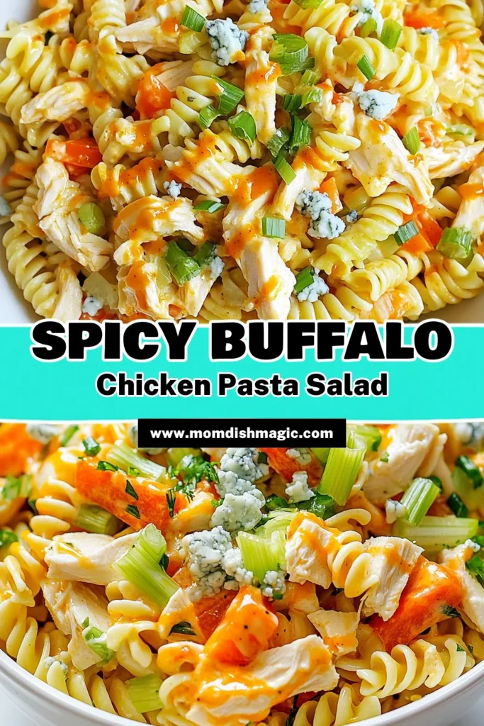 Looking for a delicious and easy pasta salad recipe? Try this Buffalo Chicken Pasta Salad! With rotini pasta, spicy chicken, crisp veggies, and creamy ranch dressing, it's the perfect side for any occasion. This creamy ranch dressing salad is bursting with flavor, making it your go-to recipe for cookouts or meal prep. Don't miss out—save this spicy chicken salad for your next gathering! #BuffaloChickenPastaSalad #EasyPastaSaladRecipe #SpicyChickenSalad #RotiniPastaSaladRecipe