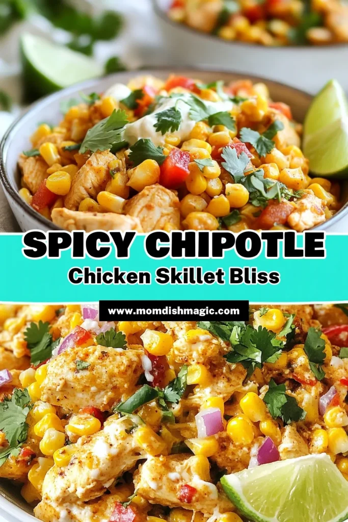 Indulge in this easy Chipotle chicken skillet recipe featuring tender chicken, sweet corn, and creamy cheeses for a delicious one-pan meal. Your family will love this savory street corn chicken recipe that's ready in just 30 minutes! Perfect for busy weeknights, this creamy corn chicken dish is sure to become a favorite. Try this chicken skillet dinner tonight and savor the flavors! Save for later! #ChipotleChickenSkillet #EasyChipotleChickenRecipe #ChickenSkilletDinner #StreetCornChickenRecipe