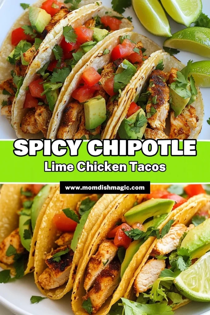 Discover the ultimate spicy chicken tacos recipe with these Chipotle Lime Chicken Tacos that are sure to impress! Marinated chicken tacos are easy to prepare and bursting with flavor. Grill the marinated chicken to perfection and serve in warm corn tortillas topped with fresh veggies. Perfect for a quick weeknight dinner or a fun gathering. Try this easy taco recipe today and elevate your taco night! Save this for later! #ChipotleLimeChickenTacos #SpicyChickenTacos #GrilledChickenTacos #EasyTacoRecipe