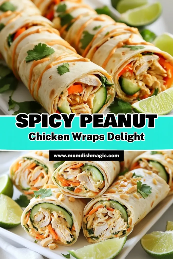 Savor the flavors of these spicy peanut chicken wraps! This chicken wraps recipe features shredded chicken tossed in a creamy peanut butter chicken sauce with a kick of sriracha. Perfect for quick meals or healthy tortilla wraps, these wraps are packed with fresh veggies and bursting with taste. Enjoy a satisfying and nutritious dish that’s easy to make. Try it today and spice up your meal prep! #SpicyPeanutChickenWraps #HealthyTortillaWraps #SrirachaChickenWraps #ChickenWrapsRecipe
