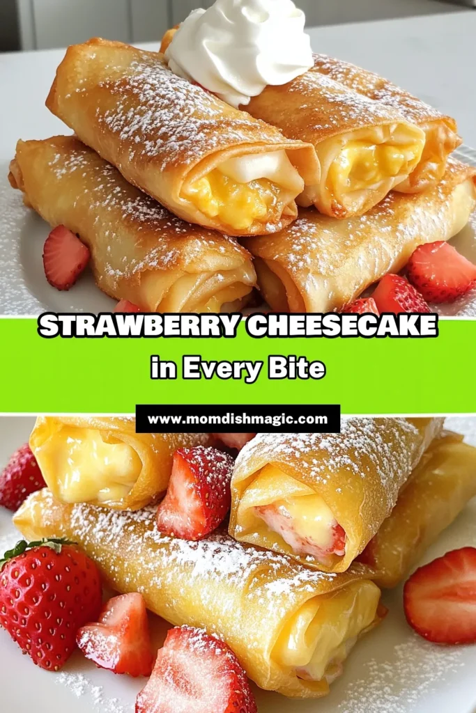 Indulge in the sweet and crunchy delight of Strawberry Cheesecake Eggrolls! These easy eggroll dessert treats combine fresh strawberries and creamy cheese wrapped in crispy eggrolls for a perfect fried dessert recipe. Ideal for any occasion, this recipe is a must-try for strawberry dessert ideas enthusiasts. Whip up these cream cheese dessert recipes and impress your guests! Save this recipe for your next dessert adventure! #StrawberryCheesecakeEggrolls #FriedDessertRecipes #EggrollDessert #DessertIdeas