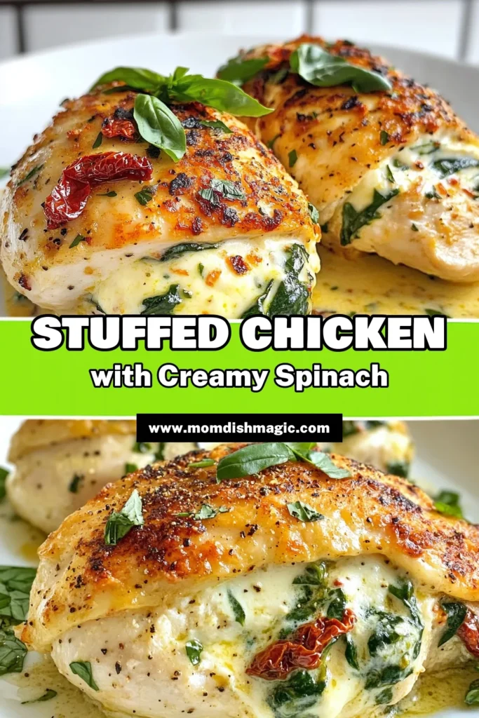 Discover the deliciousness of creamy spinach stuffed chicken with this easy chicken dinner recipe! These baked stuffed chicken breasts are a perfect weeknight meal, featuring a delightful filling of cream cheese, fresh spinach, and sun-dried tomatoes. This herb stuffed chicken recipe will wow your family and friends. Ready in just 40 minutes, it's a go-to for any occasion. Try it tonight and save for later! #CreamCheeseChicken #EasyChickenDinner #StuffedChickenBreasts #SpinachRecipe