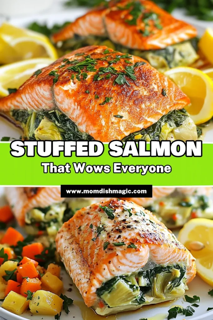 Indulge in this delicious Spinach Artichoke Stuffed Salmon recipe that's perfect for a healthy meal. Combining the flavors of classic Spinach Artichoke Dip with Easy Stuffed Salmon, this baked salmon dish is both nutritious and satisfying. Ready in just 40 minutes, it's a fantastic addition to your collection of Healthy Salmon Recipes. Try it tonight for a delightful dinner! Save this recipe for later! #SpinachArtichokeStuffedSalmon #HealthySalmonRecipes #EasyStuffedSalmon #BakedSalmonwithSpinach