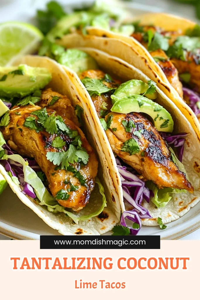 Discover the tropical flair of Coconut Lime Chicken Tacos with this easy taco recipes! This Chicken Tacos Recipe combines juicy chicken thighs marinated in coconut milk, lime, and spices for a burst of flavor. Perfect for taco night, these Tropical Chicken Tacos are sure to impress. Want to elevate your dinner game? Try this Coconut Milk Chicken recipe today! Save and share for later! #CoconutLimeChickenTacos #EasyTacoRecipes #TropicalChickenTacos #CoconutMilkChicken