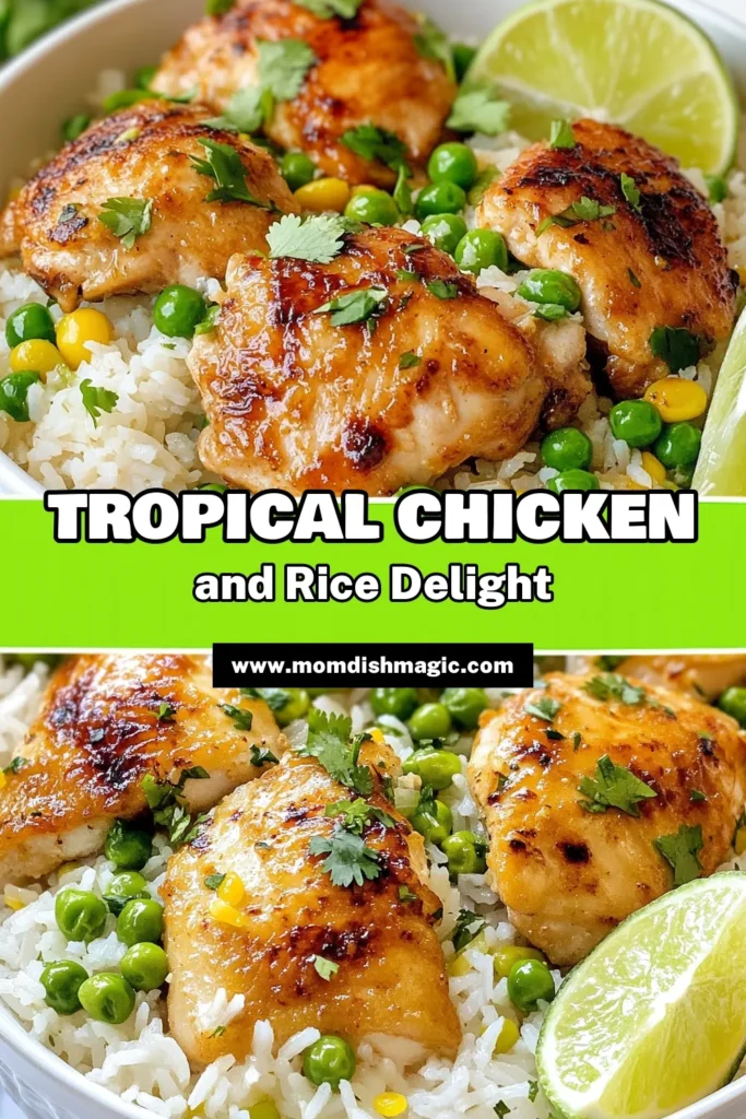 Discover the flavor of the tropics with this Tropical Coconut Chicken and Rice dish! This Coconut Milk Chicken Recipe features tender chicken thighs cooked with fragrant jasmine rice, all in one pot for an easy, satisfying meal. Perfect for busy nights, this Easy Chicken and Rice Recipe is sure to delight your family. Dive into this One-Pot Tropical Chicken Dinner for a taste of paradise! Save this recipe now and share your culinary creation! #CoconutChicken #TropicalDinner #EasyRecipe #OnePotMeal