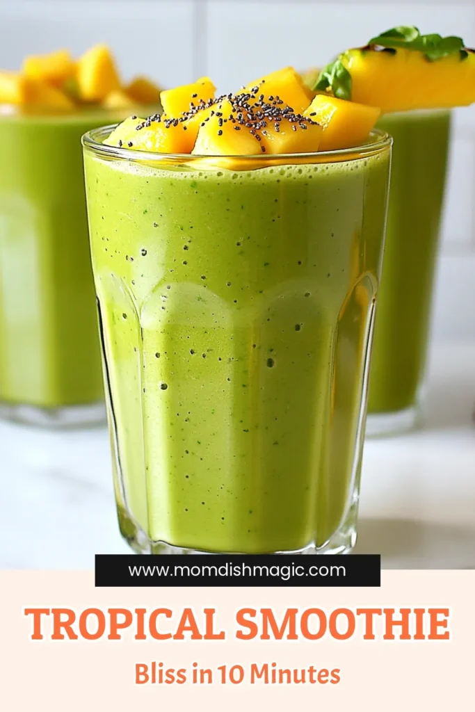 Revitalize your mornings with this delicious Tropical Green Smoothie! Packed with fresh spinach, ripe bananas, and sweet mango, this healthy smoothie recipe is perfect for a refreshing boost. Enjoy the hydrating benefits of coconut water and the nutritional power of chia seeds in this spinach mango smoothie. Blend it up in just 10 minutes and feel great! Try it today and elevate your smoothie game! #TropicalGreenSmoothie #HealthySmoothieRecipe #CoconutWaterSmoothie #ChiaSeedSmoothie