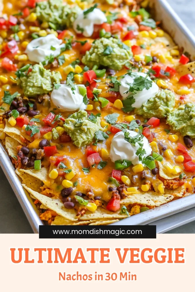 Indulge in these loaded veggie nachos with our easy sheet pan nachos recipe! Perfect as an easy nachos appetizer, this vegetarian nacho recipe features layers of crunchy tortilla chips, black beans, and colorful veggies all smothered in cheesy goodness. Top it off with guacamole and sour cream for a crowd-pleasing treat. Try this cheesy veggie nachos dish for your next gathering! Save for later! #LoadedVeggieNachos #SheetPanNachos #EasyNachosAppetizer #VegetarianNachoRecipe