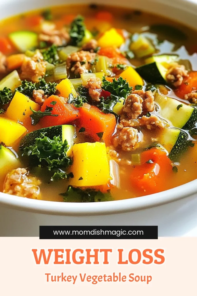 Looking for a delicious and nutritious meal? Try this Turkey Vegetable Soup, your go-to weight loss soup! Packed with healthy turkey and vibrant veggies, this low-calorie turkey soup is perfect for shedding pounds while satisfying your hunger. Simple and quick to make, it’s one of the best vegetable soup for weight loss recipes you'll ever try! Save this healthy turkey soup for your next meal prep! #WeightLossSoup #HealthyEating #SoupRecipes #TurkeyVegetableSoup