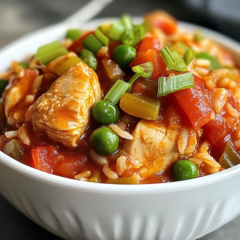 To make Slow Cooker Chicken Jambalaya, gather these key ingredients: - 1.5 lbs boneless, skinless chicken thighs, cut into bite-sized pieces - 1 medium onion, diced - 1 bell pepper (red or green), diced - 2 celery stalks, diced - 3 cloves garlic, minced - 1 can (14.5 oz) diced tomatoes, undrained - 1 cup long-grain rice, rinsed - 2 cups chicken broth - 1 tablespoon Cajun seasoning - 1 teaspoon dried oregano - 1 teaspoon paprika - 1/2 teaspoon cayenne pepper (adjust to taste) - Salt and pepper to taste - 1 cup frozen peas - 1/4 cup green onions, chopped (for garnish) - 1 tablespoon olive oil You can add some optional ingredients to enhance your jambalaya: - Smoked sausage for extra flavor - Shrimp for a seafood twist - Bay leaves for a deeper taste - Fresh herbs like parsley for a burst of freshness This dish serves about six people. Here’s a quick look at the nutritional content per serving: - Calories: Approximately 380 - Protein: 30g - Carbohydrates: 45g - Fat: 10g - Fiber: 3g Feel free to adjust ingredients based on your dietary needs. Enjoy the rich flavors and comforting warmth of this dish! {{ingredient_image_1}} First, gather all your ingredients. You will need: - 1.5 lbs boneless, skinless chicken thighs, cut into bite-sized pieces - 1 medium onion, diced - 1 bell pepper (red or green), diced - 2 celery stalks, diced - 3 cloves garlic, minced - 1 can (14.5 oz) diced tomatoes, undrained - 1 cup long-grain rice, rinsed - 2 cups chicken broth - 1 tablespoon Cajun seasoning - 1 teaspoon dried oregano - 1 teaspoon paprika - 1/2 teaspoon cayenne pepper (adjust to taste) - Salt and pepper to taste - 1 cup frozen peas - 1/4 cup green onions, chopped (for garnish) - 1 tablespoon olive oil Next, heat a large skillet over medium heat. Add the olive oil. Once the oil is hot, add the diced onion, bell pepper, and celery. Cook for about 5 minutes. You want the veggies soft. Then, stir in the minced garlic. Cook for another minute until it smells good. Now, transfer the cooked veggies to the slow cooker. Add the chicken pieces and mix them well. Pour in the undrained diced tomatoes and chicken broth. Then, add the rinsed rice and all your seasonings: Cajun seasoning, oregano, paprika, cayenne pepper, salt, and pepper. Stir everything together until it is mixed well. Cover the slow cooker. Cook on low for 6 to 7 hours or on high for 3 to 4 hours. The chicken should be tender, and the rice will be fluffy. About 15 minutes before you plan to serve, stir in the frozen peas. Cover again to let them heat through. Once your jambalaya is ready, taste it. Adjust the seasoning if you need to. Serve it hot in bowls. Top each serving with chopped green onions. This dish goes well with crusty bread or a fresh salad. Enjoy your flavorful comfort meal! - Use chicken thighs: They stay juicy and tender in the slow cooker. - Rinse your rice: This helps remove excess starch for fluffy grains. - Sauté veggies first: This adds depth to the flavors and makes the dish richer. - Taste as you go: Always adjust salt and spices to suit your taste. - Add peas near the end: They need just a little heat to cook through. - Using too much liquid: Stick to the recipe for the right texture. - Overcooking the chicken: It can become dry. Check for doneness. - Skipping the seasoning: Cajun seasoning and spices are key to great flavor. - Not stirring enough: Mix well to combine all flavors evenly. - Ignoring the resting time: Let it sit for a few minutes before serving to meld flavors. - Slow cooker: Essential for this easy, hands-off recipe. - Large skillet: Great for sautéing veggies before adding them to the slow cooker. - Cutting board and knife: For prepping your chicken and vegetables. - Measuring cups and spoons: To ensure correct ingredient amounts. - Serving spoon: Makes it easy to dish out this hearty meal. Pro Tips Choose the Right Chicken: Using boneless, skinless chicken thighs adds flavor and moisture, ensuring a tender result compared to chicken breasts. Rinse Your Rice: Rinsing the rice before adding it to the slow cooker helps remove excess starch, preventing the dish from becoming too sticky. Adjust the Spice Level: Feel free to modify the amount of cayenne pepper based on your heat preference. Start with less and add more if desired. Garnish for Freshness: Adding chopped green onions just before serving enhances the dish with a fresh, vibrant flavor that complements the spices. {{image_2}} You can make a seafood jambalaya by swapping the chicken for shrimp or fish. Use about 1 pound of shrimp, peeled and deveined. Add the shrimp in the last 30 minutes of cooking. This keeps them tender and juicy. You can also include fish like cod or tilapia. Adjust the Cajun seasoning to fit the seafood flavor. For a vegetarian version, replace the chicken with more veggies. Use ingredients like zucchini, mushrooms, and bell peppers. You may also add beans for protein. Use vegetable broth instead of chicken broth. This keeps the dish hearty and satisfying. Cook the vegetables until soft, then combine everything in your slow cooker. If you like it spicy, add more cayenne pepper. Start with 1 teaspoon and adjust to your taste. If you want a milder dish, use less cayenne, or skip it altogether. You can also swap the Cajun seasoning for a milder blend. Remember, you control the heat in your jambalaya! To store your leftover Slow Cooker Chicken Jambalaya, let it cool first. Then, place it in an airtight container. You can keep it in the fridge for up to three days. If you have a lot, consider dividing it into smaller portions. This makes it easy to reheat later. When reheating, use a microwave or a stovetop. If using a microwave, heat in short bursts. Stir in between to ensure even heating. On the stovetop, add a splash of broth or water. This keeps the dish moist and tasty. Heat until it’s hot all the way through. You can freeze Slow Cooker Chicken Jambalaya for later. Let it cool completely before packing it up. Use a freezer-safe container or bag. It can last up to three months in the freezer. When ready to eat, thaw it in the fridge overnight. Reheat as mentioned before. Enjoy your warm, savory meal again! Yes, you can use brown rice. It will need more time to cook. Brown rice takes about 45 minutes longer than white rice. Be sure to add extra chicken broth for moisture. Adjust the cooking time in your slow cooker to about 7-8 hours on low. This change adds a nutty flavor and more nutrients. To reduce the spice, simply cut back on the cayenne pepper. You can leave it out entirely if you prefer. Another option is to add more tomatoes or chicken broth. These will balance the heat. Adding dairy, like sour cream, can also help cool the dish. Taste as you go to get the right flavor for you. Slow Cooker Chicken Jambalaya can last up to 4 days in the fridge. Make sure to store it in an airtight container. This keeps it fresh and safe to eat. When reheating, ensure it’s heated to a safe temperature of 165°F. Always check for any off smells or changes in color before eating leftovers. We covered key ingredients and provided easy steps for making jambalaya. You learned about optional flavors, nutritional facts, and tips for success. I also shared ways to adapt the dish and store leftovers. With the right tools, you can make a great jambalaya every time. Don’t forget to try new spices and adjust flavors to suit your taste. Cooking should be fun and creative! Enjoy your jambalaya journey in the kitchen.