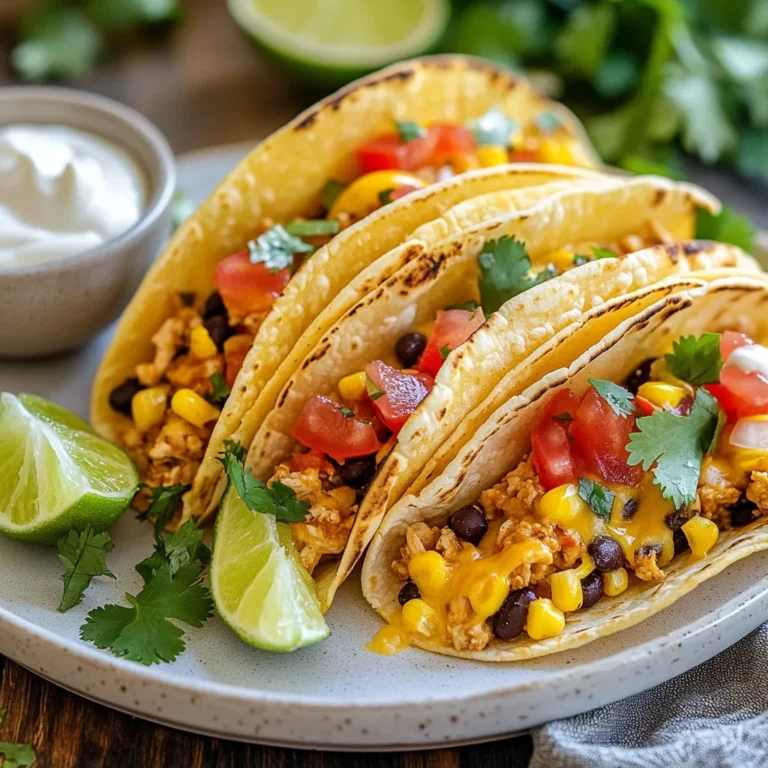 - 1 lb ground chicken - 1 tablespoon olive oil - 1 small onion, finely chopped - 2 cloves garlic, minced - 1 tablespoon taco seasoning (or homemade blend) - 1 can (15 oz) black beans, drained and rinsed - 1 cup corn (fresh or frozen) - 1 cup diced tomatoes (fresh or canned) - 8 small corn or flour tortillas - 1 cup shredded cheese (cheddar or Mexican blend) - Fresh cilantro, chopped (for garnish) - Sour cream (optional, for serving) - Lime wedges (for serving) When making baked chicken tacos, the first step is gathering the right ingredients. Ground chicken is the star of this dish. It cooks quickly and absorbs flavors well. You can also use turkey or beef if you prefer. Next, you’ll want some pantry staples. Olive oil helps cook the onion and garlic, giving a rich flavor. Taco seasoning can be store-bought or homemade. You need black beans for protein and fiber. Corn adds sweetness, while diced tomatoes create a juicy filling. Don't forget the tortillas! Small corn or flour tortillas are perfect for holding everything. The shredded cheese gives a nice melt and adds flavor. For garnish, fresh cilantro brightens up the dish. Sour cream and lime wedges add a creamy and zesty touch. With this list, you’re ready to create a tasty meal everyone will enjoy! {{ingredient_image_1}} First, preheat your oven to 375°F (190°C). This helps the tacos cook evenly. Next, grab a large skillet and add one tablespoon of olive oil. Heat it over medium heat. Once hot, add one small onion, chopped finely. Sauté the onion until it turns translucent, about 3-4 minutes. This step builds flavor. Now, add two cloves of minced garlic. Cook for one more minute until it smells great. This garlic flavor makes your dish pop! Next, add one pound of ground chicken to the skillet. Break it apart with a spoon. Cook it until it is browned and fully cooked, about 5-7 minutes. Make sure there’s no pink left. After the chicken is cooked, sprinkle one tablespoon of taco seasoning over it. Then add one can of black beans, rinsed and drained, one cup of corn, and one cup of diced tomatoes. Stir it well to mix everything. Cook for another 2-3 minutes to heat it all through. Now it’s time to fill the tacos! In a baking dish, lay eight small corn or flour tortillas in a single layer. Fill each tortilla generously with the chicken mixture. Don’t be shy—make them full! Sprinkle one cup of shredded cheese over the filled tortillas. This cheese will melt beautifully in the oven. Bake the tacos in the preheated oven for 15-20 minutes. Watch for the cheese to get bubbly and golden. Once done, take them out and let them cool for a minute. Finally, garnish with fresh cilantro for a pop of color and flavor. Enjoy your baked chicken tacos! To prevent soggy tortillas, warm them slightly before filling. This helps them stay firm. You can heat them in a dry pan for a few seconds on each side. For better flavor integration, let the chicken mixture rest for a few minutes before filling the tortillas. This helps the spices blend well and makes each bite tasty. Serve baked chicken tacos on a wooden platter for a rustic look. Garnish them with extra cilantro for color. Offer a side of sour cream and lime wedges to boost flavor. For side dishes, consider a fresh salad or some Mexican rice. These pair nicely and add to the meal's appeal. Pro Tips Use Fresh Ingredients: Whenever possible, opt for fresh vegetables and herbs to elevate the flavors of your tacos. Fresh cilantro and ripe tomatoes make a notable difference. Customize Your Spice Level: Adjust the amount of taco seasoning or add fresh jalapeños if you prefer a spicier kick. Taste the filling before baking to ensure it meets your preference. Experiment with Tortilla Types: While corn and flour tortillas are classic, try using whole wheat or spinach tortillas for a healthier twist. Make Ahead for Quick Meals: Prepare the filling in advance and store it in the fridge. Assemble and bake the tacos when you're ready for a quick weeknight dinner. {{image_2}} For a healthier filling, swap ground chicken with ground turkey. Turkey has less fat, but still tastes great. You can also use leaner cuts of chicken, like chicken breast, for a lighter option. If you want a vegetarian or vegan version, try black beans or lentils as the base. These options provide protein and flavor. Add some sautéed mushrooms for a meaty texture. You can also use tofu, crumbled, for a protein boost. To add more zest, try adding cumin or smoked paprika. These spices will bring warmth and depth to your dish. You can also drizzle some hot sauce over the filling for a kick. For cheese, consider using pepper jack for a spicy twist. If you prefer a creamier taste, try using queso fresco. Each cheese brings its own flavor, so feel free to mix and match to find your favorite! To keep baked chicken tacos fresh, store them in an airtight container. This helps prevent them from drying out. Place the tacos in the fridge within two hours of cooking. They will last up to three days. If you want to save them longer, consider freezing them. They can stay in the freezer for three months. When you are ready to eat leftovers, you have a few good options. The oven works well to maintain texture. Preheat your oven to 350°F (175°C). Place tacos on a baking sheet and cover them with foil. Heat for about 10-15 minutes. You can also use the microwave for a quicker method. Place one taco on a plate and cover it with a damp paper towel. Heat for 30 seconds, then check. Repeat until warm. To keep the flavor strong, add a splash of lime juice before reheating. This helps revive the taste. Enjoy your tasty tacos again! Can I use different meats or proteins? Yes, you can! Ground turkey or beef works well. For a lighter option, try shredded chicken. You can even use beans or lentils for a tasty vegetarian twist. How can I make these tacos gluten-free? To make baked chicken tacos gluten-free, use corn tortillas instead of flour. Always check that your taco seasoning is gluten-free. You can make your own blend using spices like cumin and paprika. What are the best sides to serve with baked chicken tacos? Great sides include Mexican rice, refried beans, or a fresh salad. You can also serve chips with salsa or guacamole for a fun snack. In this post, we explored making baked chicken tacos. We covered the ingredients you need, from ground chicken to pantry staples. The step-by-step instructions showed you how to prepare, cook, and assemble your tacos for the oven. I shared expert tips to enhance flavor and presentation, along with variations for different diets. Finally, we discussed how to store and reheat leftovers properly. Now, you have the tools to make delicious tacos that everyone will love. Enjoy cooking and sharing this easy, tasty meal!