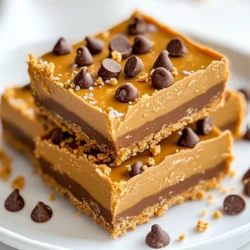 - 1 cup natural peanut butter (creamy or crunchy) - 1/2 cup honey or maple syrup - 1 cup rolled oats - 1/2 cup graham cracker crumbs - 1/4 cup chocolate chips (plus additional for topping) - 1/4 teaspoon salt - 1 teaspoon vanilla extract To make no-bake peanut butter bars, gather your ingredients. Each one plays a key role in taste and texture. The peanut butter gives a rich, nutty base. Honey or maple syrup adds sweetness. Rolled oats provide bulk. Graham cracker crumbs lend a nice crunch. Chocolate chips add a sweet surprise. Salt enhances all the flavors. Vanilla extract rounds it all out. - Alternative sweeteners: agave syrup - Gluten-free options: use gluten-free graham cracker crumbs - Nut butter variations: almond butter or cashew butter If you're out of honey, try agave syrup for a different sweetness. For gluten-free bars, buy gluten-free graham cracker crumbs. This keeps everyone happy. You can swap peanut butter for almond or cashew butter too. Each nut butter brings a unique flavor to the bars. Experiment with what you have on hand! {{ingredient_image_1}} - Step 1: Combine and melt peanut butter and honey In a medium saucepan, heat 1 cup of natural peanut butter and 1/2 cup of honey over low heat. Stir until the mixture is smooth. Remove it from heat and let it cool a bit. - Step 2: Mix dry ingredients In a large bowl, combine 1 cup of rolled oats, 1/2 cup of graham cracker crumbs, 1/4 teaspoon of salt, and 1 teaspoon of vanilla extract. Mix these dry ingredients well. - Step 3: Combine wet and dry ingredients Pour the warm peanut butter mixture over the dry ingredients. Mix until everything is well combined. Stir in 1/4 cup of chocolate chips, saving a few for later. - Step 4: Line baking pan with parchment paper Take an 8x8 inch baking pan and line it with parchment paper. Leave some overhang. This will help you lift the bars out later. - Step 5: Transfer and press mixture into the pan Transfer the mixture into the lined pan. Use a spatula or your hands to press it down firmly and evenly. - Step 6: Sprinkle chocolate chips on top Sprinkle the extra chocolate chips on top of the pressed mixture. Press them in gently with the spatula. - Step 7: Refrigeration process for setting Place the pan in the refrigerator for at least 2 hours. This helps the bars set properly. Once set, lift them out using the parchment paper and cut into squares. Enjoy the ease of this no-bake treat! To achieve the right consistency for your no-bake peanut butter bars, you need to mix well. Combine the melted peanut butter and honey thoroughly. This blend gives the bars a smooth and creamy texture. If the mixture feels too thick, you can add a little more honey or peanut butter. Adjust chilling time if needed. If you want softer bars, chill for only one hour. For firmer bars, two hours is best. Always check the texture before cutting. For gatherings, serve these bars on a nice platter. Cut them into squares or rectangles for easy sharing. You can also wrap each bar in parchment paper, tied with kitchen twine. This adds a rustic touch and makes great gifts. Consider using colorful plates to make the treats stand out. Adding fresh fruit or nuts around the bars creates an inviting display. Avoid over-mixing the ingredients. This can make the bars too dense. Mix just until everything is combined. Press the mixture firmly into the pan. If you don’t press enough, the bars may crumble. Use a spatula or your hands to make sure the mixture is packed tightly. This step is key for the best results. Pro Tips Use Natural Peanut Butter: Opt for natural peanut butter without added sugars or oils for a healthier option and a more authentic peanut flavor. Chill for Best Texture: Allow the bars to chill in the refrigerator for at least 2 hours to ensure they set properly and have a firmer texture when cut. Customize with Mix-ins: Feel free to add other mix-ins like chopped nuts, dried fruit, or seeds to enhance flavor and texture. Store Properly: Keep the bars in an airtight container in the refrigerator for up to a week, or freeze them for longer storage. {{image_2}} You can make these no-bake peanut butter bars even better. Try adding nuts or seeds for a nice crunch. Chopped almonds or sunflower seeds work well. You can also mix in dried fruits like raisins or cranberries. Shredded coconut flakes add a tropical twist too. Each addition brings its own flavor and texture. Switching up the toppings can change the whole taste. Use dark chocolate, white chocolate, or even a nut butter drizzle. You can also swap chocolate chips for butterscotch chips for a sweet surprise. These little changes can make every batch feel special and new. If you want a vegan version, use plant-based sweeteners like agave syrup. You can also find nut-free options if you need them. For a keto-friendly treat, use low-carb substitutes, such as sugar-free chocolate chips. These tweaks allow everyone to enjoy these tasty bars without worry. To keep your no-bake peanut butter bars fresh, store them in the refrigerator. Place them in an airtight container. This helps avoid drying out and keeps them tasty. If you don't have a container, you can use a covered baking dish. Just make sure the cover fits well. You can freeze these bars for later. Cut them into pieces before freezing. Wrap each piece in plastic wrap, then place them in a freezer bag. This way, they stay fresh and easy to grab. To enjoy, take them out and thaw in the fridge overnight. This keeps the texture smooth and tasty. In the refrigerator, these bars last about one week. Keep an eye out for signs they have gone bad. If they smell off or look discolored, it’s best to toss them. Enjoy your bars fresh for the best flavor! Yes, you can use natural peanut butter. It adds a rich, creamy flavor. There are two main types: creamy and crunchy. Both work well in this recipe. Just make sure it has no added sugar or oils. These ingredients can change the taste and texture of your bars. To make these bars gluten-free, use gluten-free graham cracker crumbs. Follow these steps: 1. Substitute regular graham cracker crumbs with gluten-free ones. 2. Check labels on other ingredients, like oats, to ensure they are gluten-free. 3. Follow the rest of the recipe as is. This simple swap keeps the bars safe for gluten-free diets. To cut the bars without crumbling, follow these tips: - Use a sharp knife for clean cuts. - Warm the knife slightly before cutting for an easier slice. - Cut the bars while they are cold from the fridge. This helps them hold their shape better. - If they do start to crumble, just press them back together gently. These steps will help keep your bars looking neat and tasty. In this article, we explored making no-bake peanut butter bars, from gathering the right ingredients to tips for perfecting texture. You learned about ingredient substitutions, presentation ideas, and storage options. Remember, the key is to mix well and choose the right toppings. With practice, your bars will impress anyone. Enjoy making them for yourself or as a gift. These treats are simple, fun, and tasty!