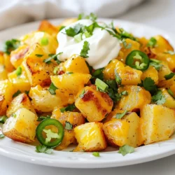 To make Quick Cheesy Fiesta Potatoes, you need the following items: - 4 medium-sized russet potatoes, cubed - 1 tablespoon olive oil - 1 teaspoon paprika - 1 teaspoon garlic powder - 1 teaspoon cumin - Salt and pepper to taste - 1 cup shredded cheddar cheese - 1/2 cup sour cream These ingredients create a tasty base for the dish. The potatoes provide a great texture. The spices add flavor that makes each bite exciting. You can make your dish even better with these optional toppings: - 1/4 cup green onions, chopped - 1/4 cup diced jalapeños (fresh or pickled) - 1/4 cup diced tomatoes (optional) - Fresh cilantro for garnish These garnishes add color and extra taste. Jalapeños bring heat, while sour cream cools it down. You can mix and match based on your taste. Quick Cheesy Fiesta Potatoes are not just delicious; they also offer some nutrition. Here’s a simple breakdown: - Calories: Around 350 per serving - Protein: About 10g - Carbohydrates: Roughly 45g - Fat: Around 15g This dish provides energy from the potatoes. The cheese adds protein and flavor. If you want a healthier option, think about using less cheese or adding more veggies. {{ingredient_image_1}} First, gather your ingredients. You will need: - 4 medium-sized russet potatoes, cubed - 1 tablespoon olive oil - 1 teaspoon paprika - 1 teaspoon garlic powder - 1 teaspoon cumin - Salt and pepper to taste - 1 cup shredded cheddar cheese - 1/2 cup sour cream - 1/4 cup green onions, chopped - 1/4 cup diced jalapeños (fresh or pickled) - 1/4 cup diced tomatoes (optional) - Fresh cilantro for garnish Make sure to wash the potatoes well. Then, cube them into bite-sized pieces. This will help them cook evenly. Start by preheating your oven to 425°F (220°C). While the oven heats, place the cubed potatoes in a large bowl. Add the olive oil, paprika, garlic powder, cumin, salt, and pepper. Toss everything together until the potatoes are well coated. This step brings out great flavors. Next, spread the seasoned potatoes on a baking sheet lined with parchment paper. Ensure they are in a single layer. This allows them to crisp up nicely. Bake for 20-25 minutes. Flip the potatoes halfway through to cook evenly. They should turn golden brown and tender. When the baking time is up, take the potatoes out. Sprinkle the shredded cheddar cheese over the top. Return them to the oven for an additional 5 minutes. You want the cheese to melt and bubble. After the cheese is melted, remove the baking sheet from the oven. Let the cheesy potatoes cool for a few minutes. This way, they will be easier to serve. To finish, add a dollop of sour cream on each serving. Then, top with chopped green onions, diced jalapeños, and optional diced tomatoes. Lastly, sprinkle fresh cilantro on top for a burst of color and taste. Enjoy your quick and cheesy fiesta! I love using russet potatoes for this dish. They have a fluffy texture when cooked. Their skin crisps up nicely, giving you that perfect bite. You can also try Yukon Gold potatoes. They add a rich, buttery flavor. Both types work well here, so pick what you like best! To get that crispy texture, cut your potatoes into even cubes. This helps them cook at the same rate. Toss them with olive oil and spices to coat. Spread them out on the baking sheet in one layer. Don't crowd them! Bake at a high temperature of 425°F (220°C) for 20-25 minutes. Flip them halfway through to brown all sides. Feel free to play with flavors! Add extra spices like chili powder for heat. You can mix in cheese varieties like pepper jack for a twist. Want a fresh taste? Add lime juice or zest. For a smoky flavor, try adding smoked paprika. The key is to get creative and make it your own! Pro Tips Even Cooking: Make sure to cut the potatoes into uniform cubes to ensure they cook evenly. Extra Crunch: For an even crispier exterior, soak the cubed potatoes in water for 30 minutes before seasoning and baking. Cheese Variations: Experiment with different types of cheese, like pepper jack or Monterey jack, for a unique flavor twist. Serving Suggestions: These cheesy potatoes make a great side dish for grilled meats or can be enjoyed as a main dish when topped generously. {{image_2}} If you like heat, you can make spicy cheesy fiesta potatoes. Just add more jalapeños. Use spicy cheese like pepper jack. This change gives your dish a nice kick. You can also sprinkle in red pepper flakes. This will raise the spice level even more. I love the way the flavors blend, making each bite exciting. To make this dish vegetarian, simply skip the meat. Use all the same ingredients, like potatoes and cheese. For a vegan version, swap the cheese and sour cream for plant-based options. You can use vegan cheese and cashew cream instead. These changes still keep the dish creamy and tasty. Everyone can enjoy this dish, no matter their diet. You can change up the recipe with fun add-ins. Try adding black beans for extra protein. Corn gives a sweet crunch that I love. You could also add bell peppers for more color and flavor. Mixing in different herbs can give it a fresh twist. Fresh cilantro or parsley can brighten the dish. If you want more texture, try crispy bacon bits. Each option adds a new layer of taste. To keep your leftover cheesy potatoes fresh, place them in an airtight container. Make sure they are cooled to room temperature first. Store them in the fridge for up to three days. This will keep them safe and tasty for later. When you're ready to enjoy your leftovers, reheating is key. Preheat your oven to 350°F (175°C). Spread the potatoes on a baking tray. Heat them for about 15 minutes, or until hot. This method helps keep the potatoes crispy. For a quick fix, you can also use the microwave. Just heat them in short bursts to avoid drying them out. If you want to store your cheesy fiesta potatoes for longer, freezing works well. Place the cooled potatoes in a freezer-safe bag. Squeeze out any extra air before sealing. They can stay fresh in the freezer for up to two months. To thaw, move the bag to the fridge overnight. Reheat as mentioned above for the best flavor and texture. Yes, you can use other types of cheese. While cheddar is a favorite, try mozzarella for a milder taste. Pepper jack adds some heat, which is great if you like spice. You can also mix cheeses for a fun flavor. Just remember that the cheese should melt well to give that gooey texture. To make Cheesy Fiesta Potatoes healthier, you can reduce the cheese. Use low-fat cheese or Greek yogurt instead of sour cream. Swap some potatoes for cauliflower for a lower-carb option. You can also add more veggies, like bell peppers or zucchini, to boost nutrients. This way, you get all the flavor with less guilt. Cheesy Fiesta Potatoes pair well with many dishes. They make a great side for grilled chicken or steak. You can serve them with a fresh salad for a balanced meal. For a fun twist, add them to tacos or burritos. They also work as a tasty snack at parties. Cheesy Fiesta Potatoes offer a fun, tasty dish. We covered essential ingredients and tasty garnishes. I shared cooking steps and tips for crispy potatoes. You also learned delicious variations and storage methods. These potatoes are great for any meal and easy to make. Now, you can enjoy them your way! Dive into this dish and make it your own.