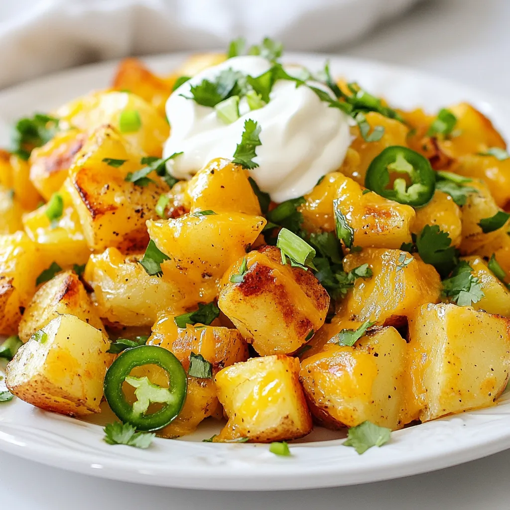 To make Quick Cheesy Fiesta Potatoes, you need the following items: - 4 medium-sized russet potatoes, cubed - 1 tablespoon olive oil - 1 teaspoon paprika - 1 teaspoon garlic powder - 1 teaspoon cumin - Salt and pepper to taste - 1 cup shredded cheddar cheese - 1/2 cup sour cream These ingredients create a tasty base for the dish. The potatoes provide a great texture. The spices add flavor that makes each bite exciting. You can make your dish even better with these optional toppings: - 1/4 cup green onions, chopped - 1/4 cup diced jalapeños (fresh or pickled) - 1/4 cup diced tomatoes (optional) - Fresh cilantro for garnish These garnishes add color and extra taste. Jalapeños bring heat, while sour cream cools it down. You can mix and match based on your taste. Quick Cheesy Fiesta Potatoes are not just delicious; they also offer some nutrition. Here’s a simple breakdown: - Calories: Around 350 per serving - Protein: About 10g - Carbohydrates: Roughly 45g - Fat: Around 15g This dish provides energy from the potatoes. The cheese adds protein and flavor. If you want a healthier option, think about using less cheese or adding more veggies. {{ingredient_image_1}} First, gather your ingredients. You will need: - 4 medium-sized russet potatoes, cubed - 1 tablespoon olive oil - 1 teaspoon paprika - 1 teaspoon garlic powder - 1 teaspoon cumin - Salt and pepper to taste - 1 cup shredded cheddar cheese - 1/2 cup sour cream - 1/4 cup green onions, chopped - 1/4 cup diced jalapeños (fresh or pickled) - 1/4 cup diced tomatoes (optional) - Fresh cilantro for garnish Make sure to wash the potatoes well. Then, cube them into bite-sized pieces. This will help them cook evenly. Start by preheating your oven to 425°F (220°C). While the oven heats, place the cubed potatoes in a large bowl. Add the olive oil, paprika, garlic powder, cumin, salt, and pepper. Toss everything together until the potatoes are well coated. This step brings out great flavors. Next, spread the seasoned potatoes on a baking sheet lined with parchment paper. Ensure they are in a single layer. This allows them to crisp up nicely. Bake for 20-25 minutes. Flip the potatoes halfway through to cook evenly. They should turn golden brown and tender. When the baking time is up, take the potatoes out. Sprinkle the shredded cheddar cheese over the top. Return them to the oven for an additional 5 minutes. You want the cheese to melt and bubble. After the cheese is melted, remove the baking sheet from the oven. Let the cheesy potatoes cool for a few minutes. This way, they will be easier to serve. To finish, add a dollop of sour cream on each serving. Then, top with chopped green onions, diced jalapeños, and optional diced tomatoes. Lastly, sprinkle fresh cilantro on top for a burst of color and taste. Enjoy your quick and cheesy fiesta! I love using russet potatoes for this dish. They have a fluffy texture when cooked. Their skin crisps up nicely, giving you that perfect bite. You can also try Yukon Gold potatoes. They add a rich, buttery flavor. Both types work well here, so pick what you like best! To get that crispy texture, cut your potatoes into even cubes. This helps them cook at the same rate. Toss them with olive oil and spices to coat. Spread them out on the baking sheet in one layer. Don't crowd them! Bake at a high temperature of 425°F (220°C) for 20-25 minutes. Flip them halfway through to brown all sides. Feel free to play with flavors! Add extra spices like chili powder for heat. You can mix in cheese varieties like pepper jack for a twist. Want a fresh taste? Add lime juice or zest. For a smoky flavor, try adding smoked paprika. The key is to get creative and make it your own! Pro Tips Even Cooking: Make sure to cut the potatoes into uniform cubes to ensure they cook evenly. Extra Crunch: For an even crispier exterior, soak the cubed potatoes in water for 30 minutes before seasoning and baking. Cheese Variations: Experiment with different types of cheese, like pepper jack or Monterey jack, for a unique flavor twist. Serving Suggestions: These cheesy potatoes make a great side dish for grilled meats or can be enjoyed as a main dish when topped generously. {{image_2}} If you like heat, you can make spicy cheesy fiesta potatoes. Just add more jalapeños. Use spicy cheese like pepper jack. This change gives your dish a nice kick. You can also sprinkle in red pepper flakes. This will raise the spice level even more. I love the way the flavors blend, making each bite exciting. To make this dish vegetarian, simply skip the meat. Use all the same ingredients, like potatoes and cheese. For a vegan version, swap the cheese and sour cream for plant-based options. You can use vegan cheese and cashew cream instead. These changes still keep the dish creamy and tasty. Everyone can enjoy this dish, no matter their diet. You can change up the recipe with fun add-ins. Try adding black beans for extra protein. Corn gives a sweet crunch that I love. You could also add bell peppers for more color and flavor. Mixing in different herbs can give it a fresh twist. Fresh cilantro or parsley can brighten the dish. If you want more texture, try crispy bacon bits. Each option adds a new layer of taste. To keep your leftover cheesy potatoes fresh, place them in an airtight container. Make sure they are cooled to room temperature first. Store them in the fridge for up to three days. This will keep them safe and tasty for later. When you're ready to enjoy your leftovers, reheating is key. Preheat your oven to 350°F (175°C). Spread the potatoes on a baking tray. Heat them for about 15 minutes, or until hot. This method helps keep the potatoes crispy. For a quick fix, you can also use the microwave. Just heat them in short bursts to avoid drying them out. If you want to store your cheesy fiesta potatoes for longer, freezing works well. Place the cooled potatoes in a freezer-safe bag. Squeeze out any extra air before sealing. They can stay fresh in the freezer for up to two months. To thaw, move the bag to the fridge overnight. Reheat as mentioned above for the best flavor and texture. Yes, you can use other types of cheese. While cheddar is a favorite, try mozzarella for a milder taste. Pepper jack adds some heat, which is great if you like spice. You can also mix cheeses for a fun flavor. Just remember that the cheese should melt well to give that gooey texture. To make Cheesy Fiesta Potatoes healthier, you can reduce the cheese. Use low-fat cheese or Greek yogurt instead of sour cream. Swap some potatoes for cauliflower for a lower-carb option. You can also add more veggies, like bell peppers or zucchini, to boost nutrients. This way, you get all the flavor with less guilt. Cheesy Fiesta Potatoes pair well with many dishes. They make a great side for grilled chicken or steak. You can serve them with a fresh salad for a balanced meal. For a fun twist, add them to tacos or burritos. They also work as a tasty snack at parties. Cheesy Fiesta Potatoes offer a fun, tasty dish. We covered essential ingredients and tasty garnishes. I shared cooking steps and tips for crispy potatoes. You also learned delicious variations and storage methods. These potatoes are great for any meal and easy to make. Now, you can enjoy them your way! Dive into this dish and make it your own.